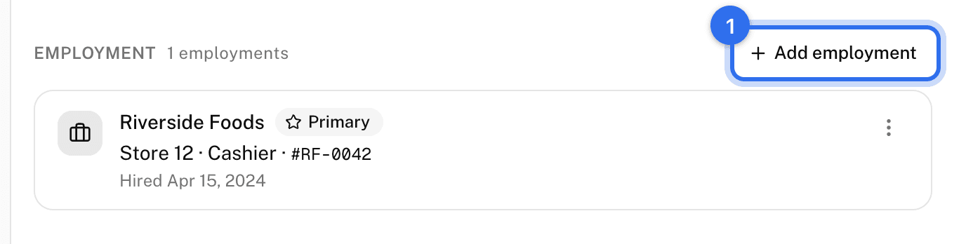The Employment section on the Overview tab with Add employment (1) and the jobs on file