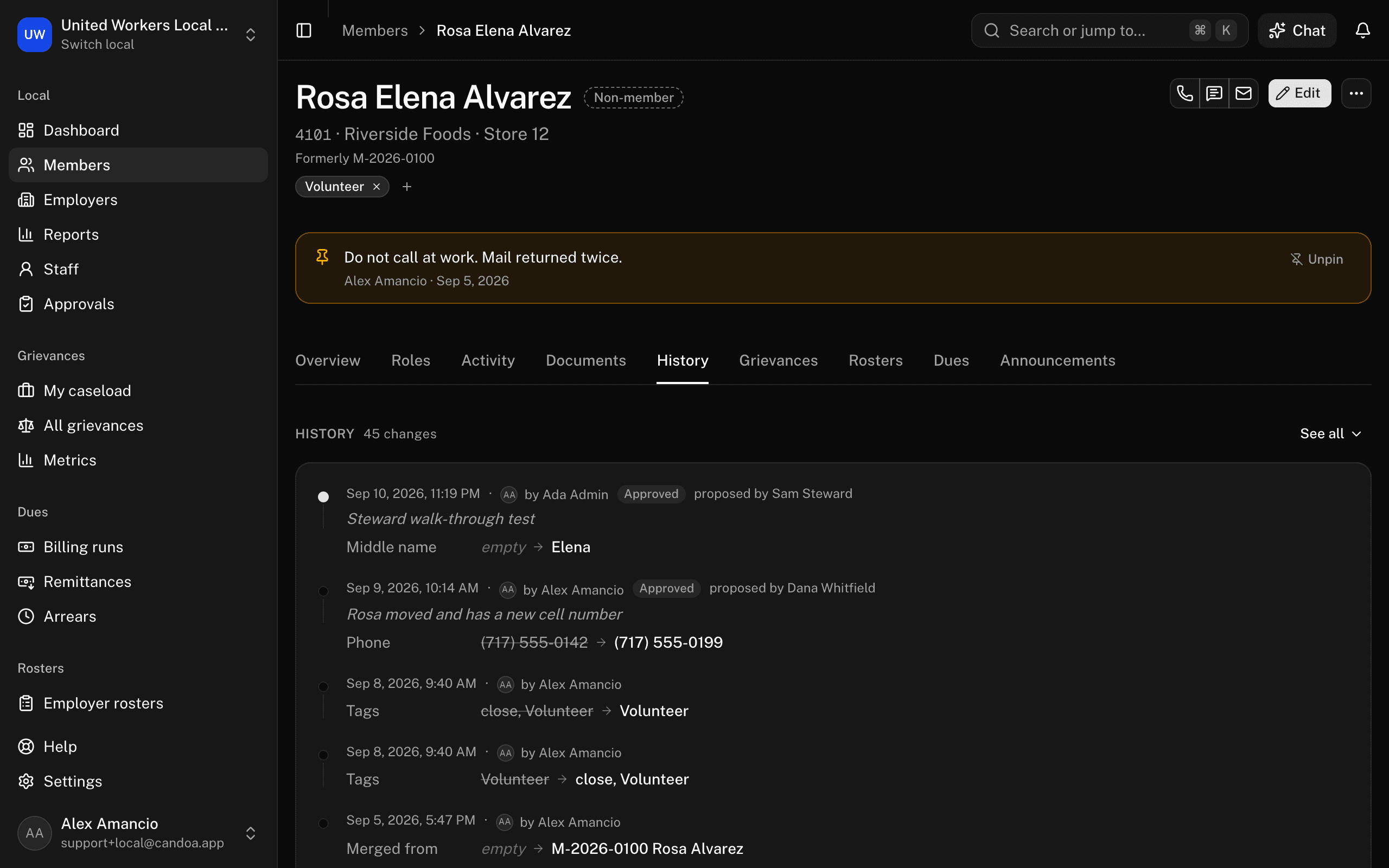 The History tab, each save with who, when, and the old and new values