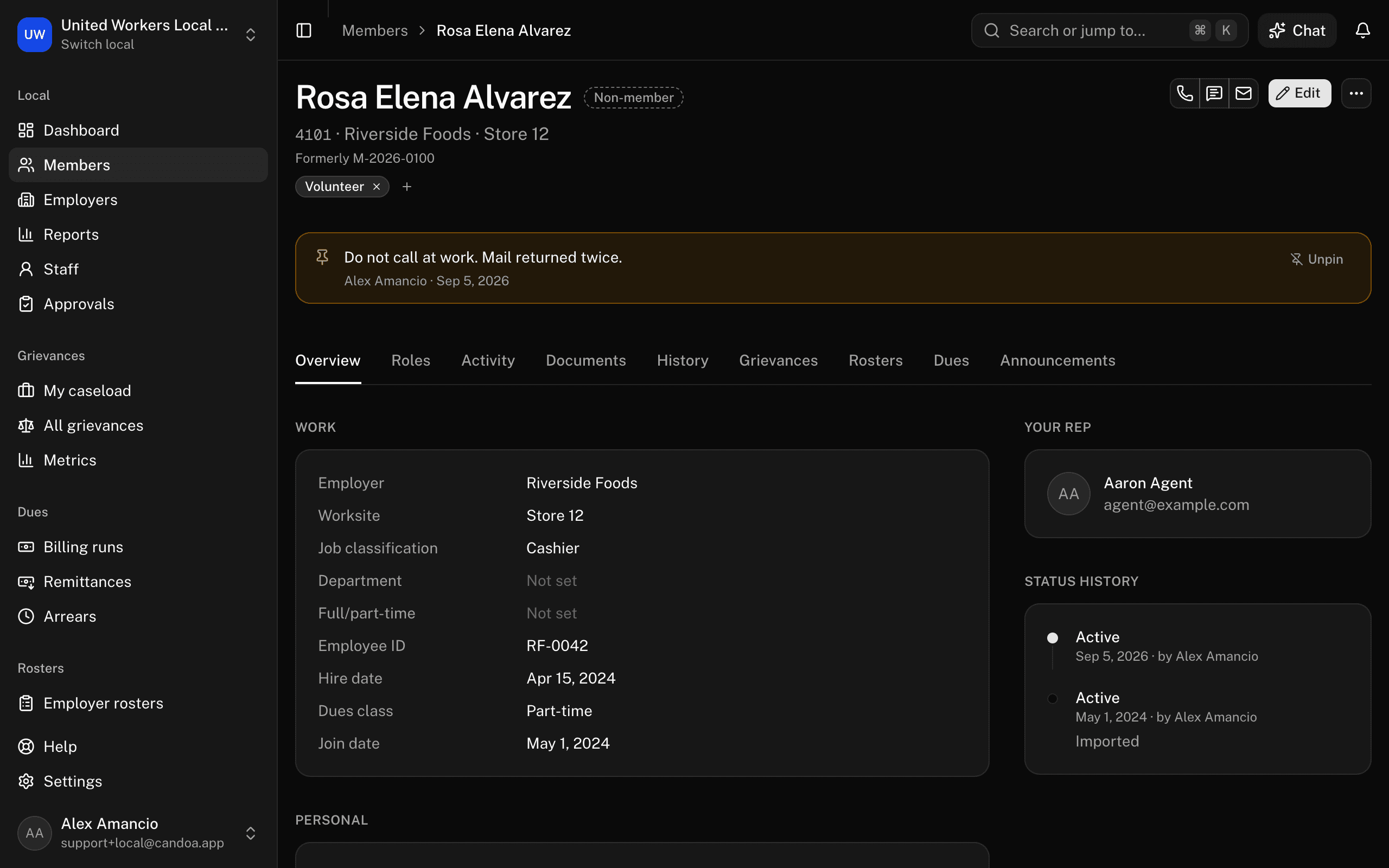 A member's record: the header with the name, status, number, tags, and actions, and the row of tabs above the Overview