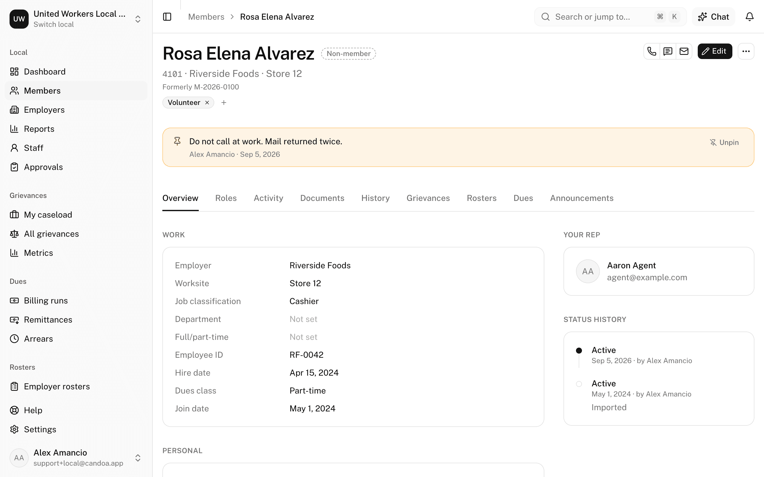 A member's record: the header with the name, status, number, tags, and actions, and the row of tabs above the Overview