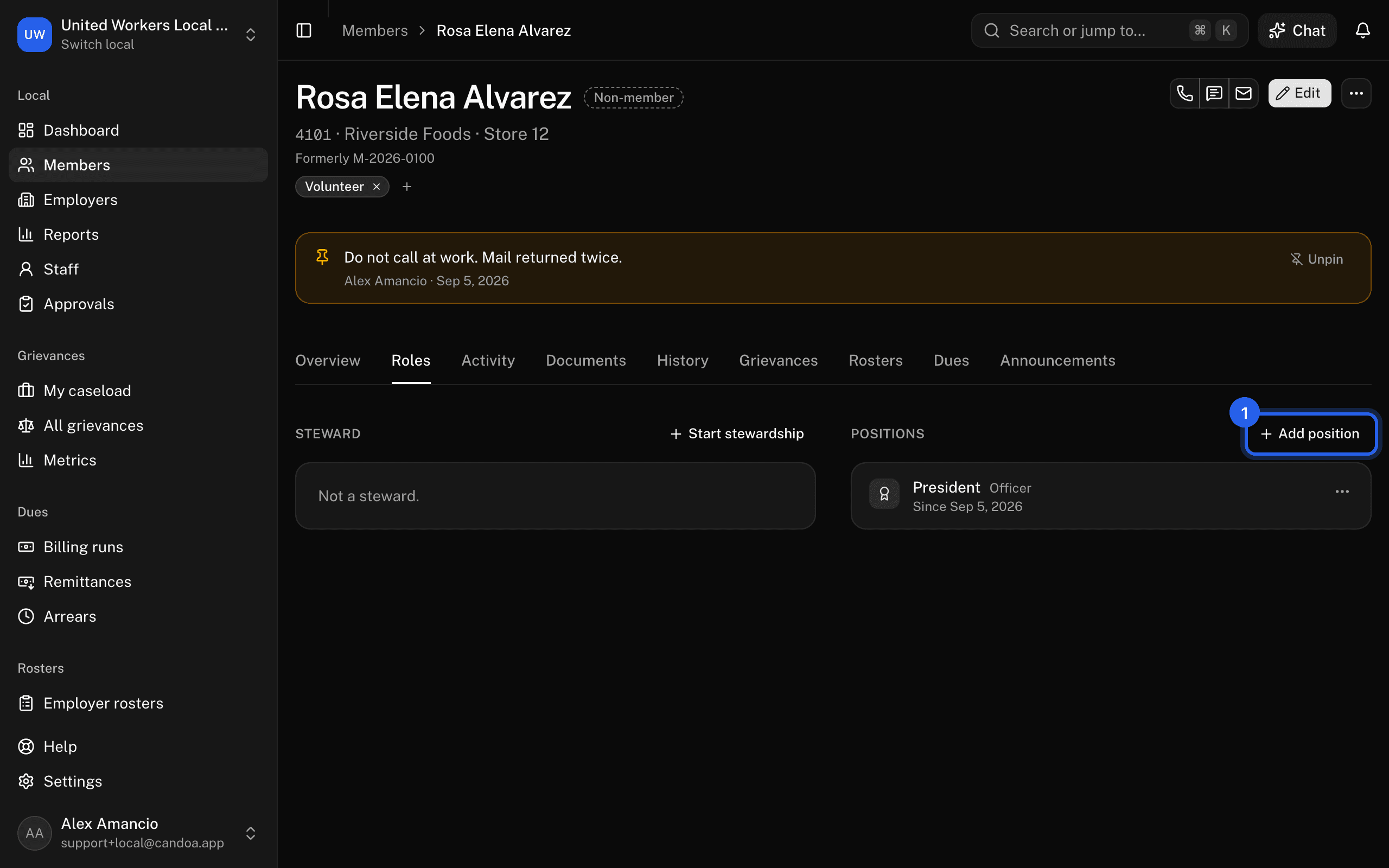 The Roles tab with the Stewards and Positions panels and Add position (1)