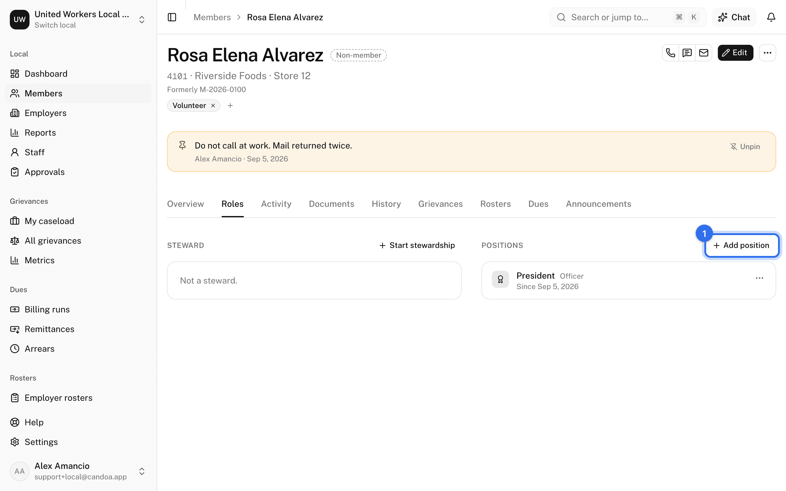 The Roles tab with the Stewards and Positions panels and Add position (1)