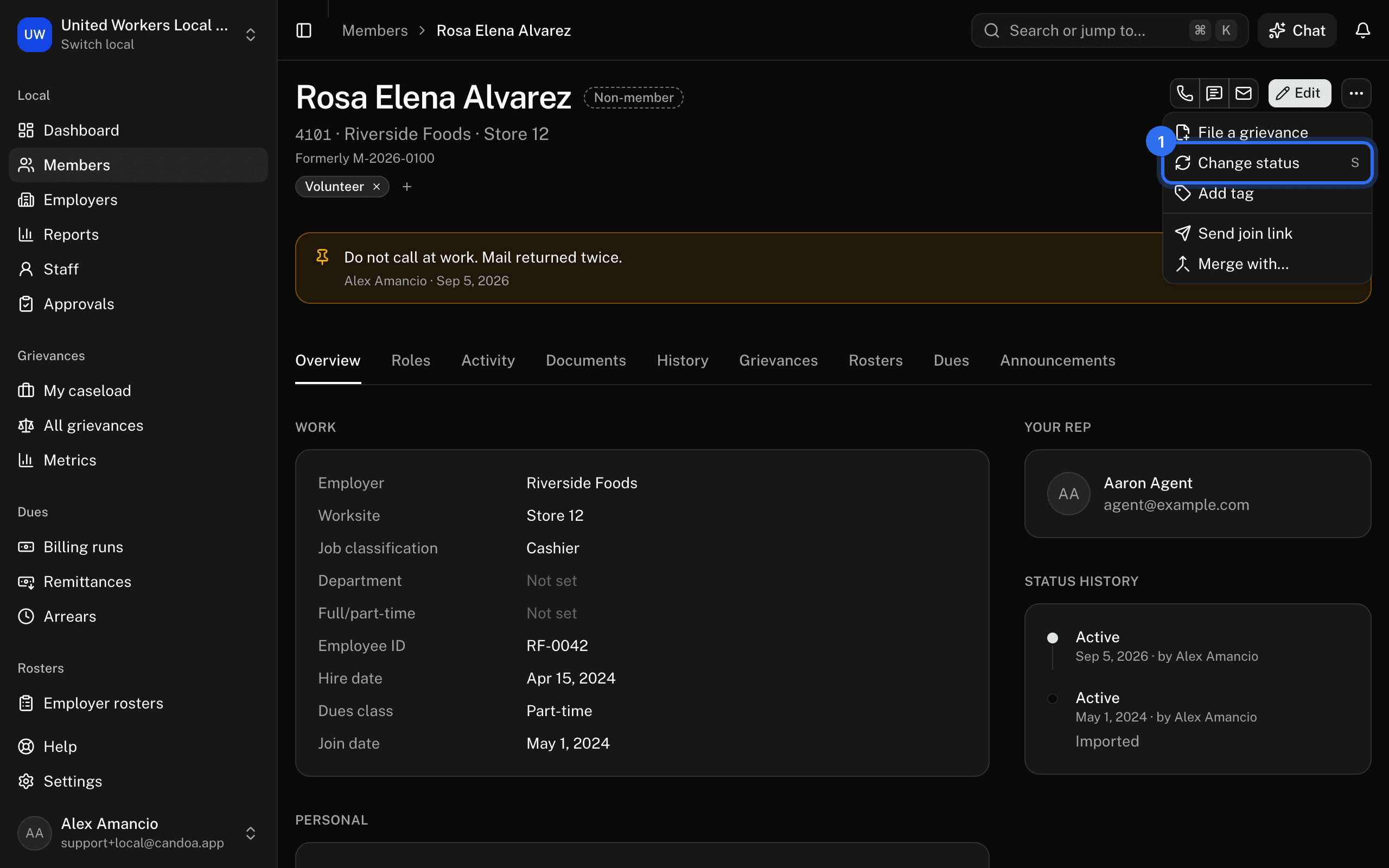 Change status (1) in the ⋯ menu at the top right