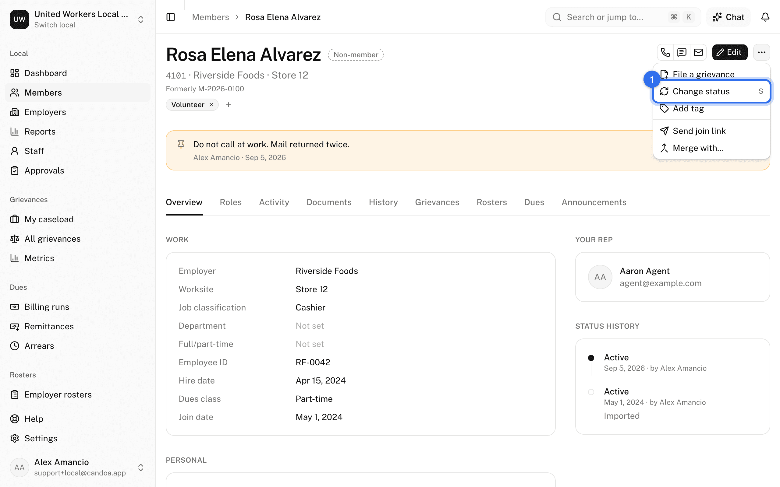 Change status (1) in the ⋯ menu at the top right
