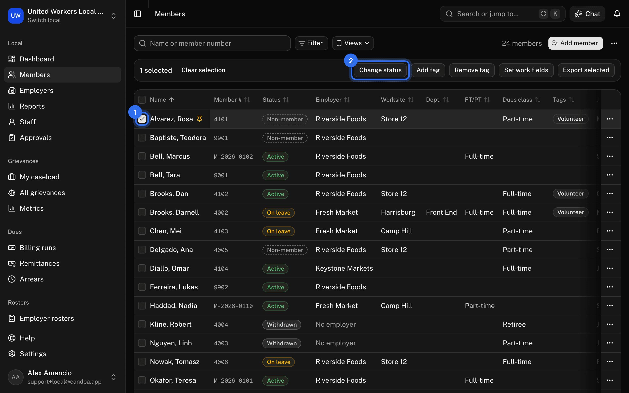 Ticking a row (1) shows the bar with Change status (2), Add tag, Remove tag, and Set work fields