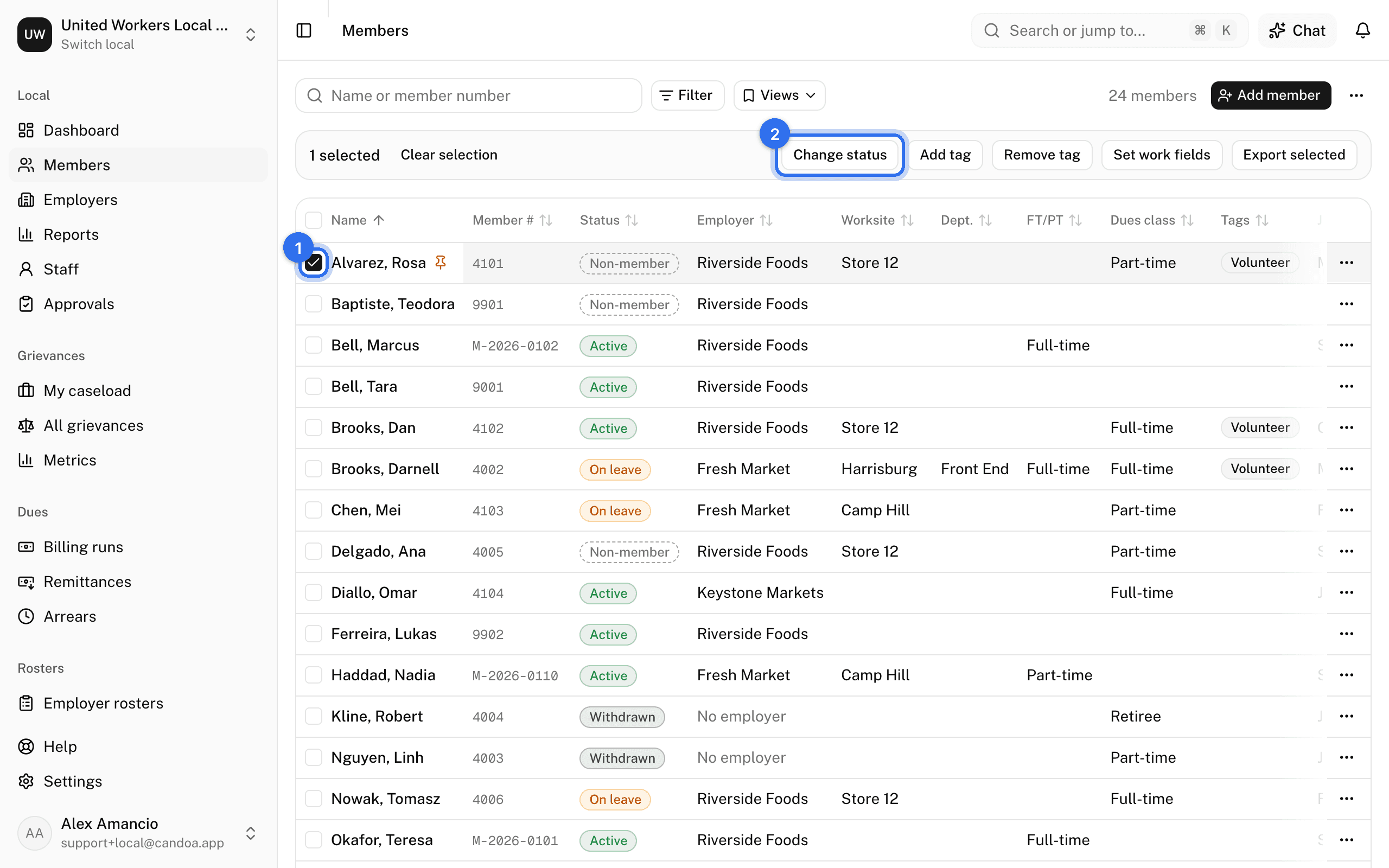 Ticking a row (1) shows the bar with Change status (2), Add tag, Remove tag, and Set work fields