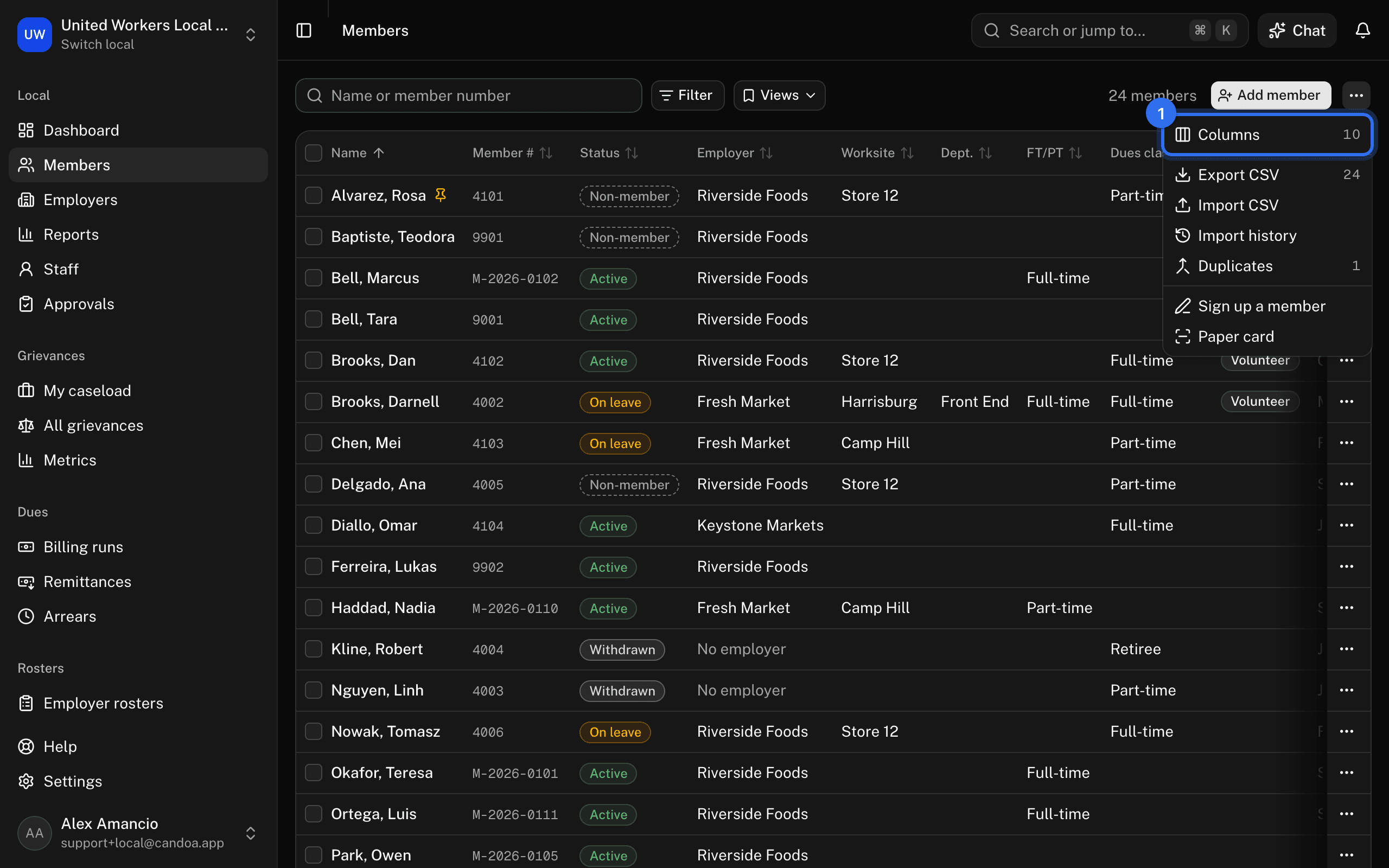 Columns (1) in the ⋯ menu at the end of the toolbar
