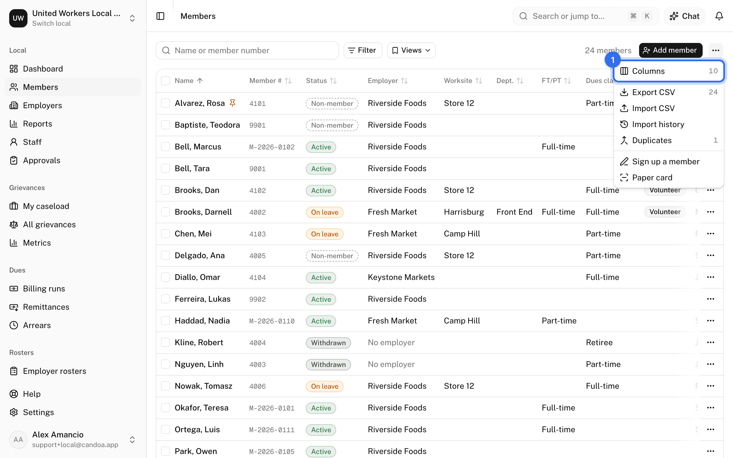 Columns (1) in the ⋯ menu at the end of the toolbar