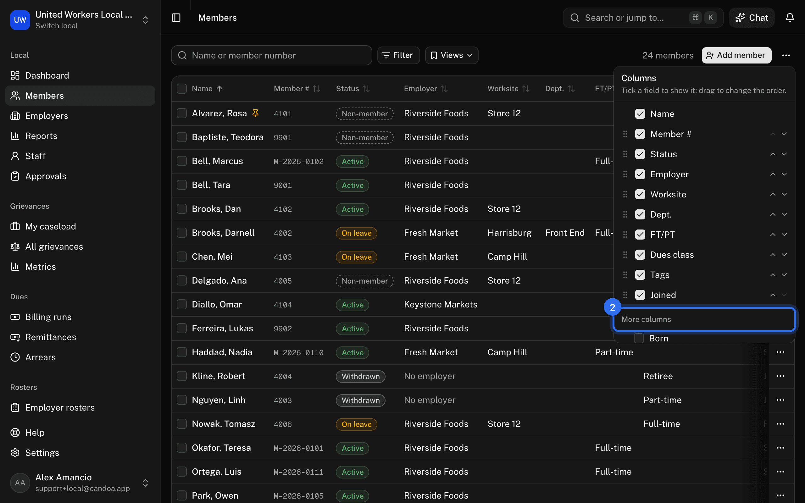 The columns picker, with the shown columns ticked on top and More columns (2) below