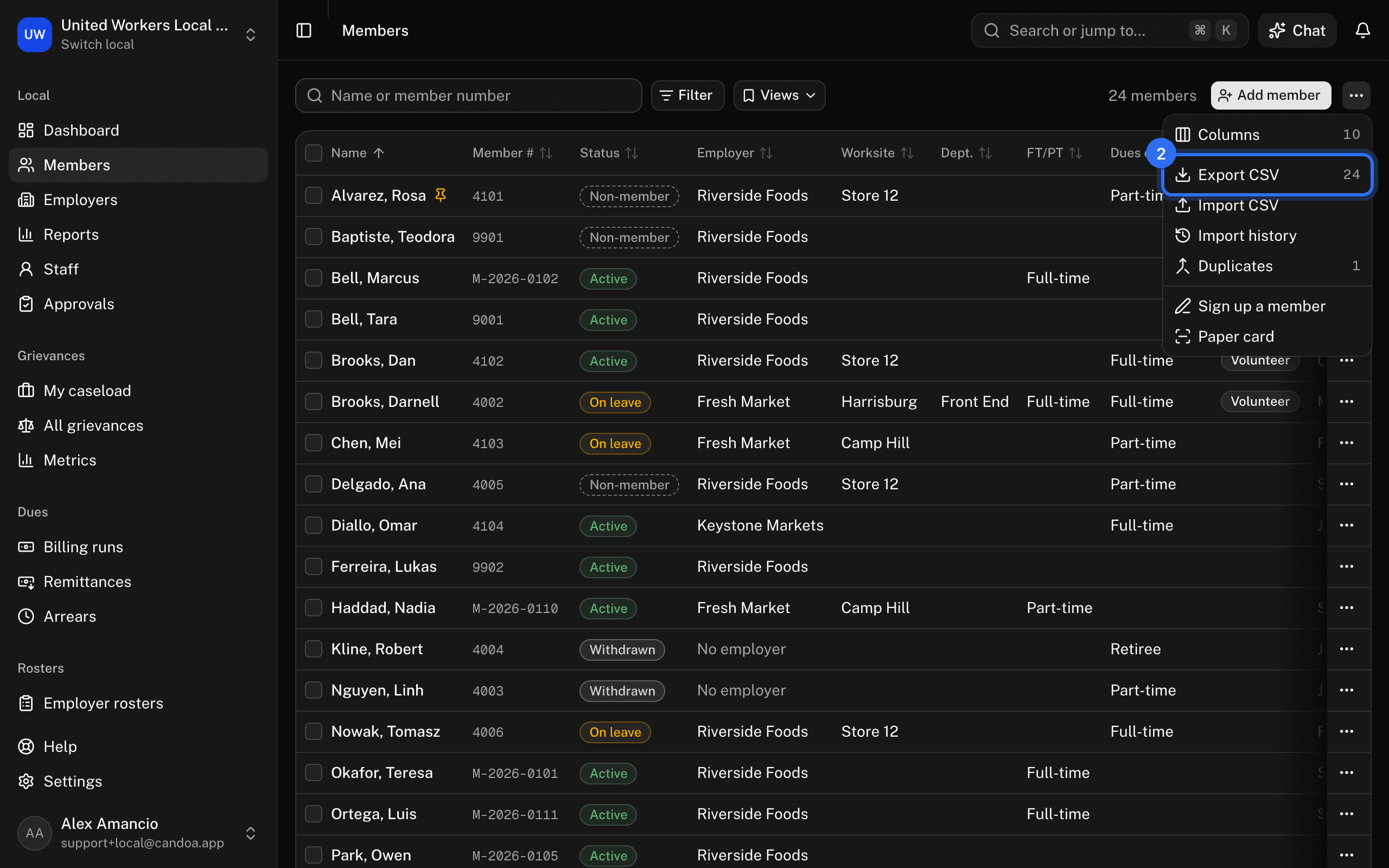 Export CSV (2) in the ⋯ menu at the right of the toolbar