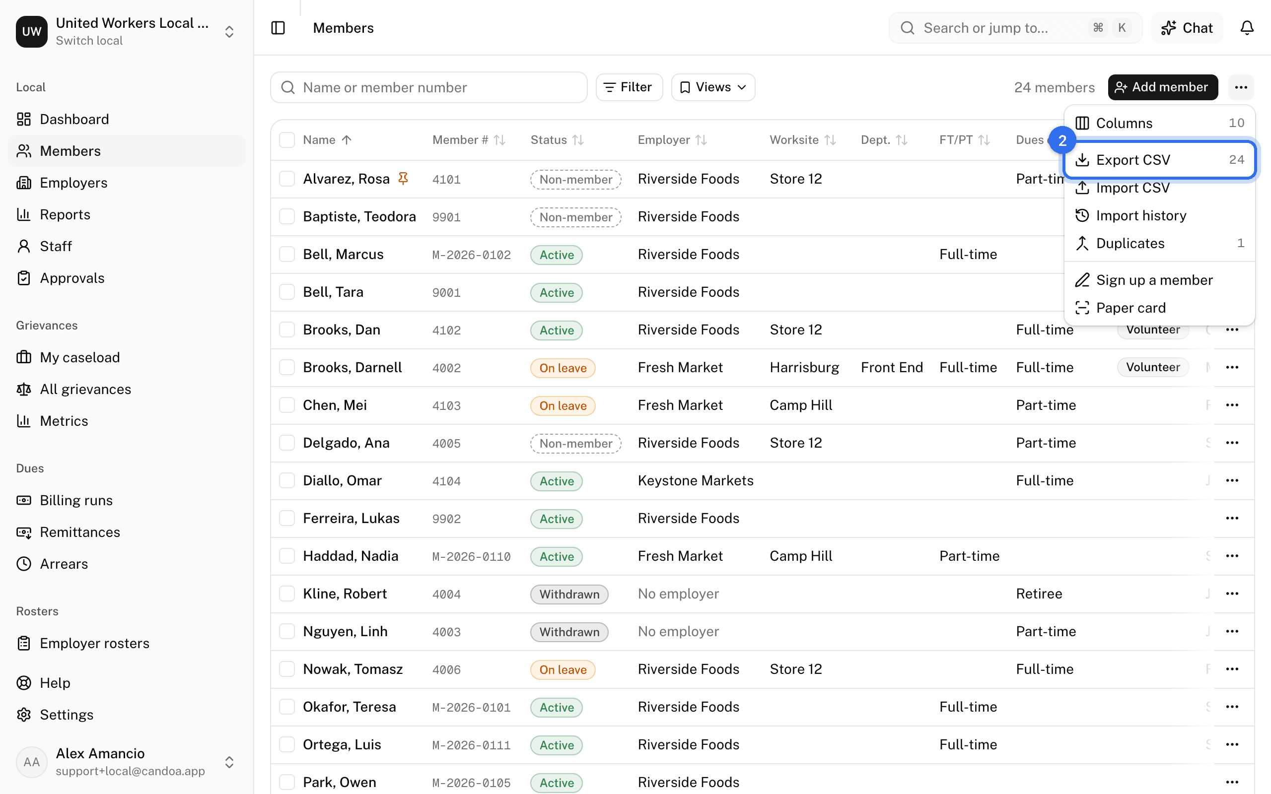 Export CSV (2) in the ⋯ menu at the right of the toolbar