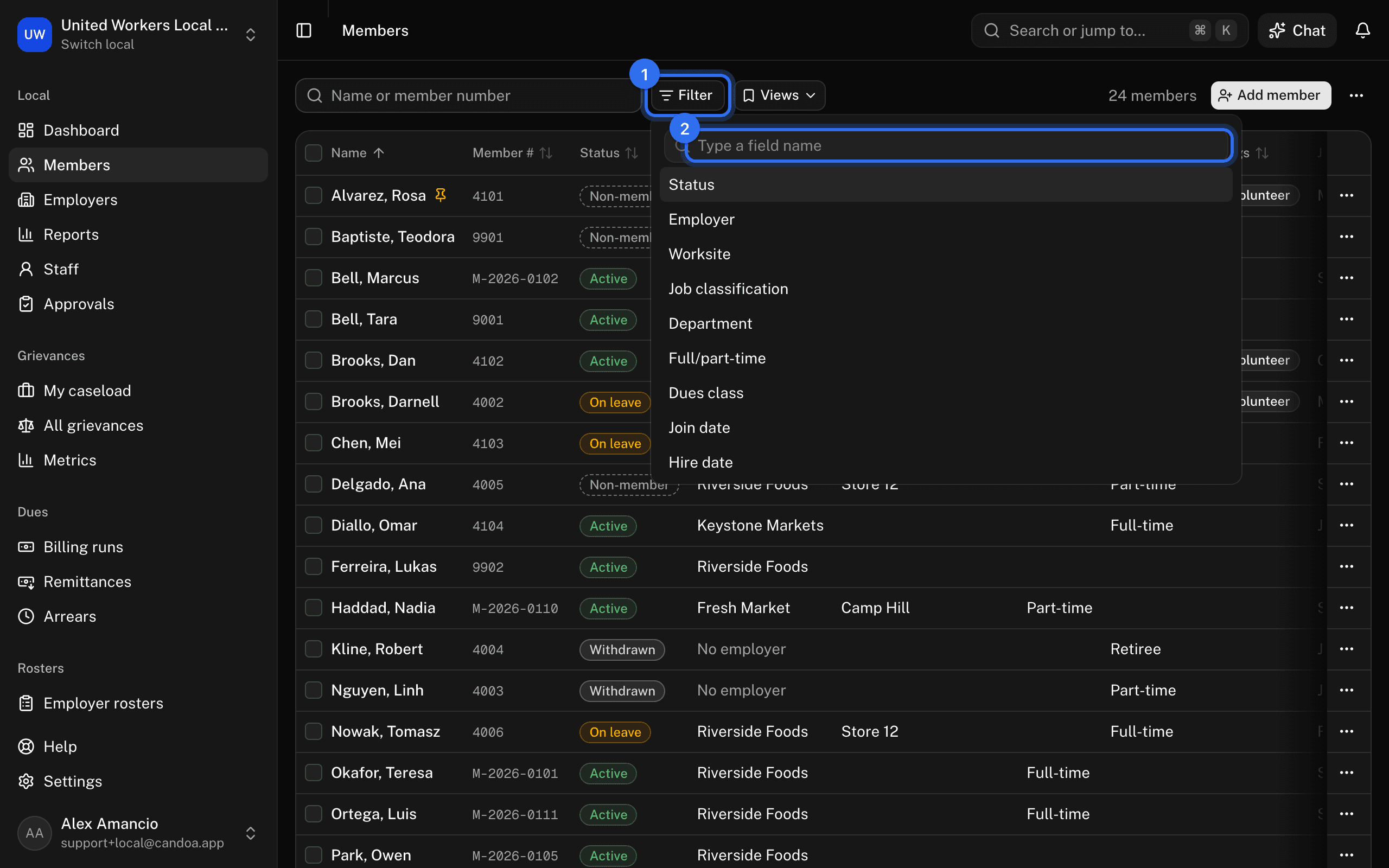 Filter (1) opens the conditions, with the field box (2) where you type a field name