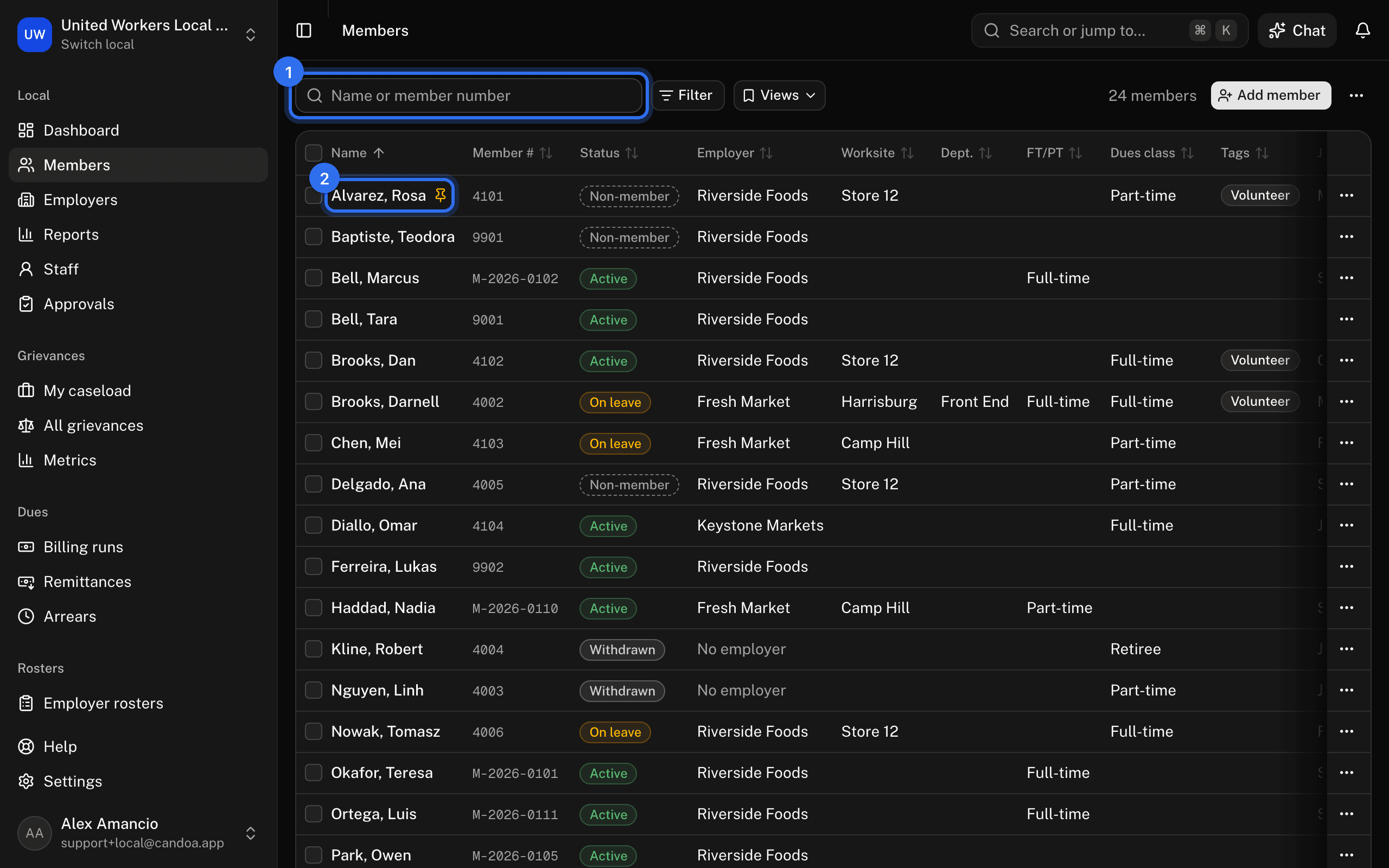 The search box (1) above the roster and a member's row (2) on the members list