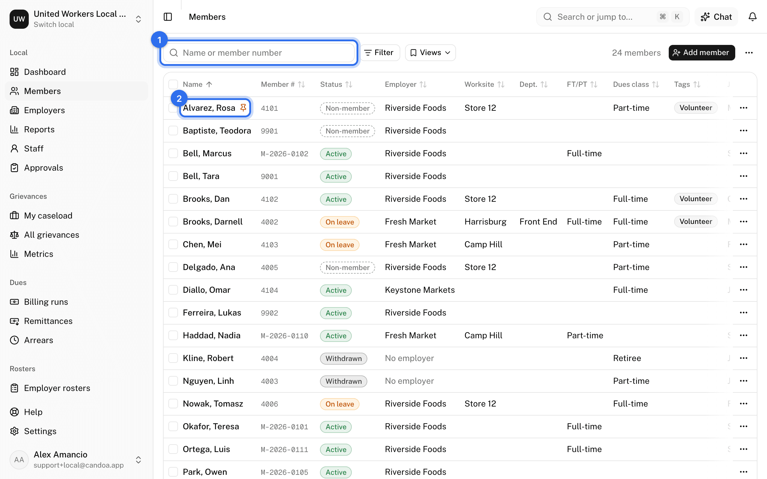 The search box (1) above the roster and a member's row (2) on the members list