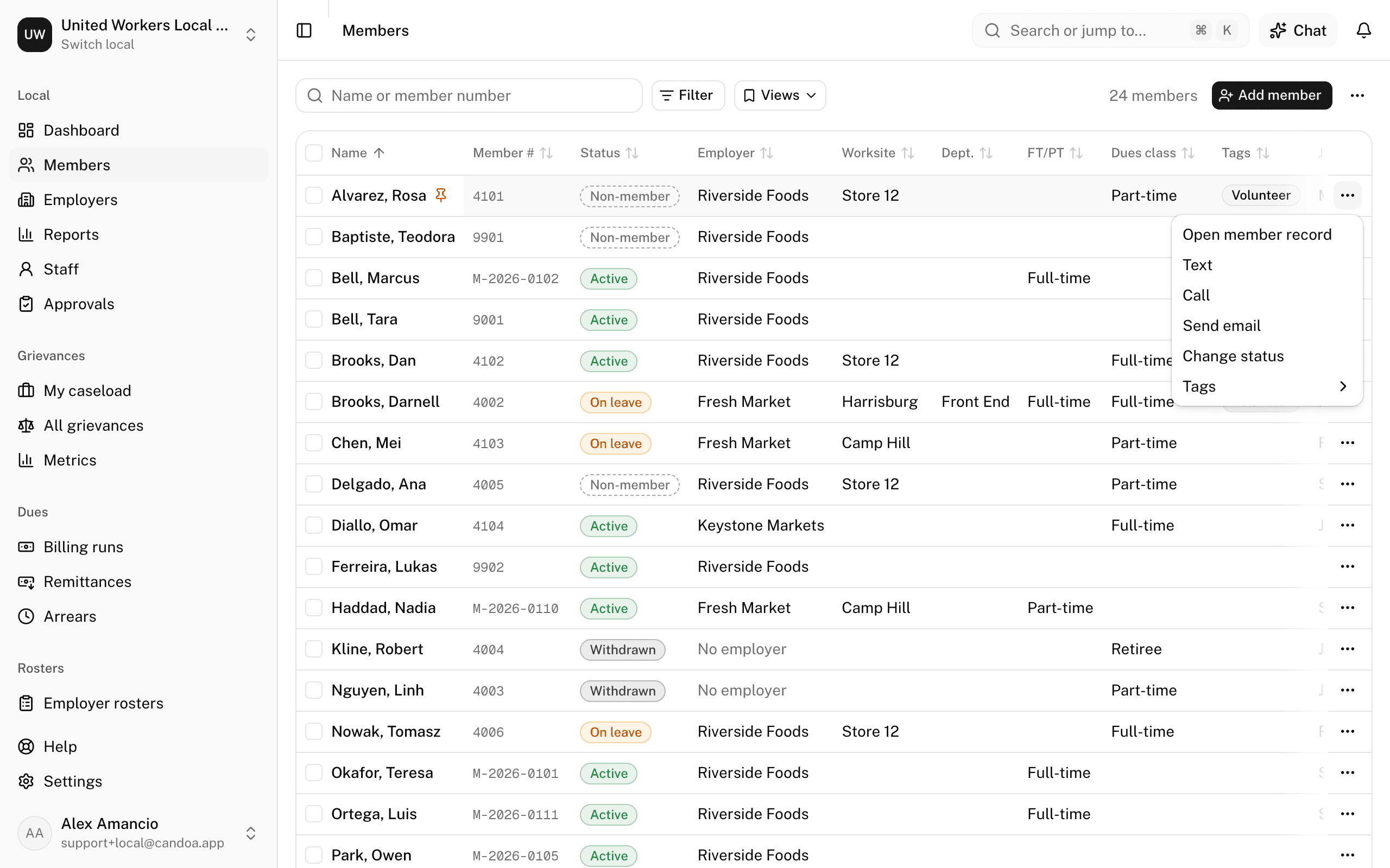 The row's ⋯ menu with Open member record, Send email, Change status, Text, Call, and Tags