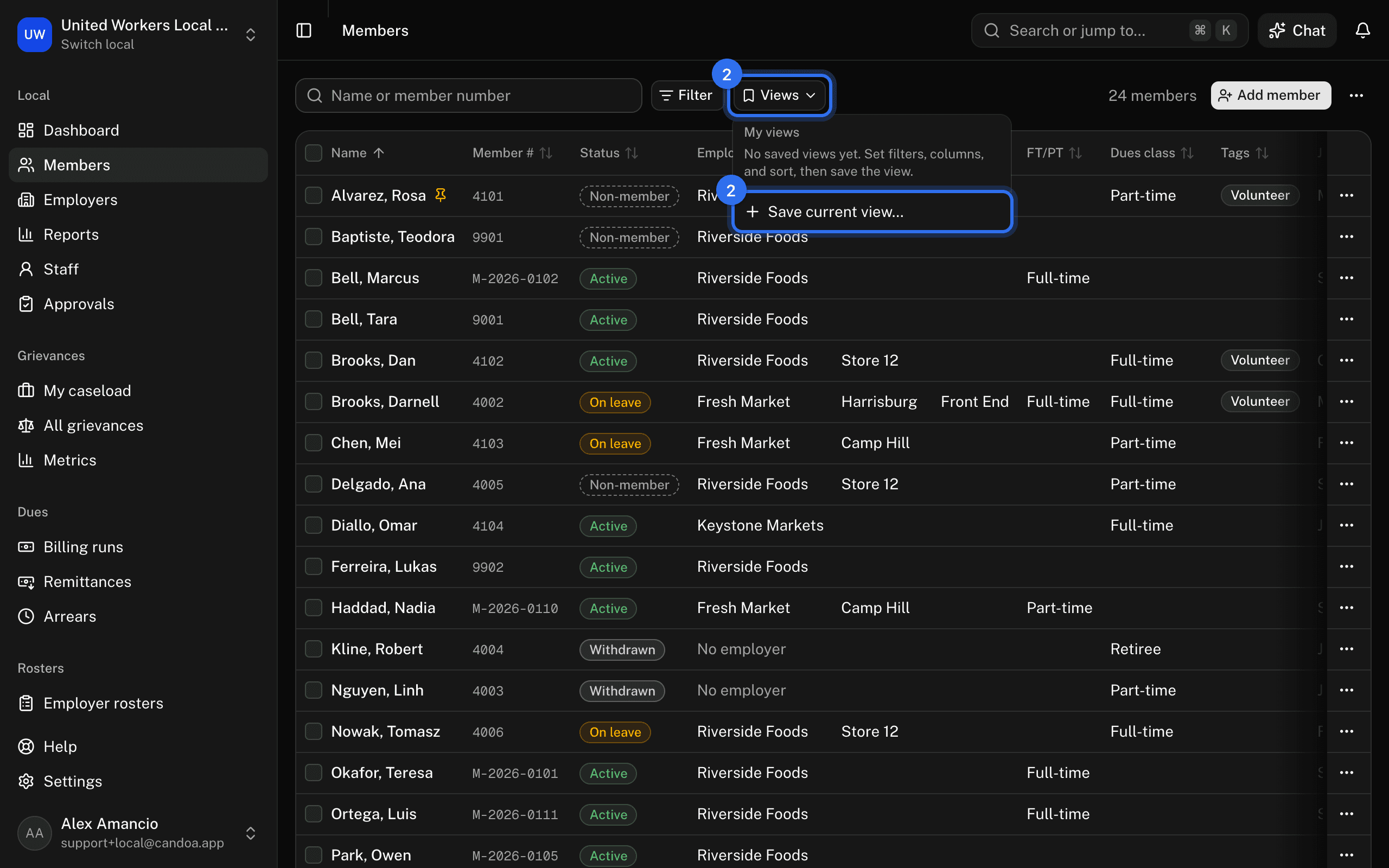 Views (2) opens the menu with Save current view… (2)