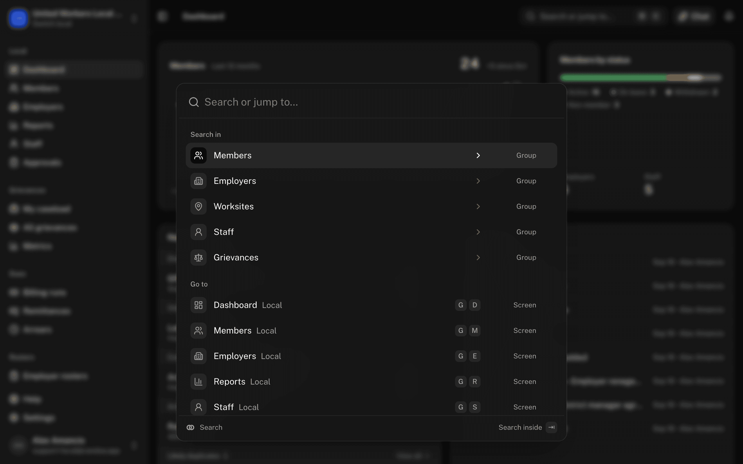 The command palette open over the dashboard