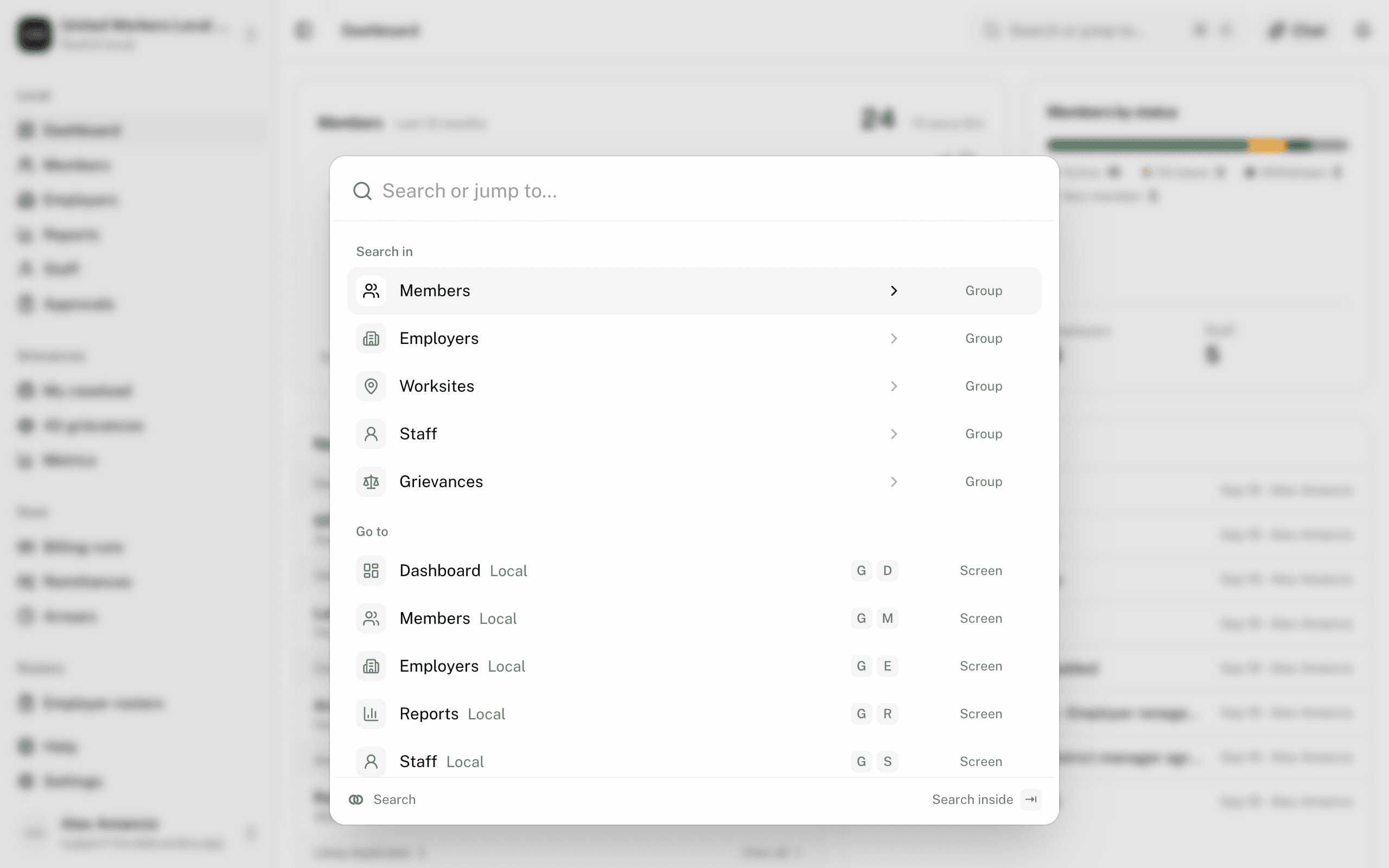 The command palette open over the dashboard