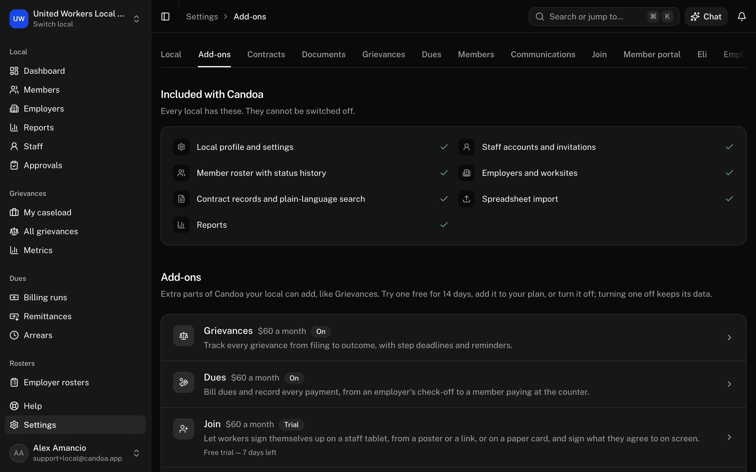 Settings › Add-ons: the catalog, with what is included underneath