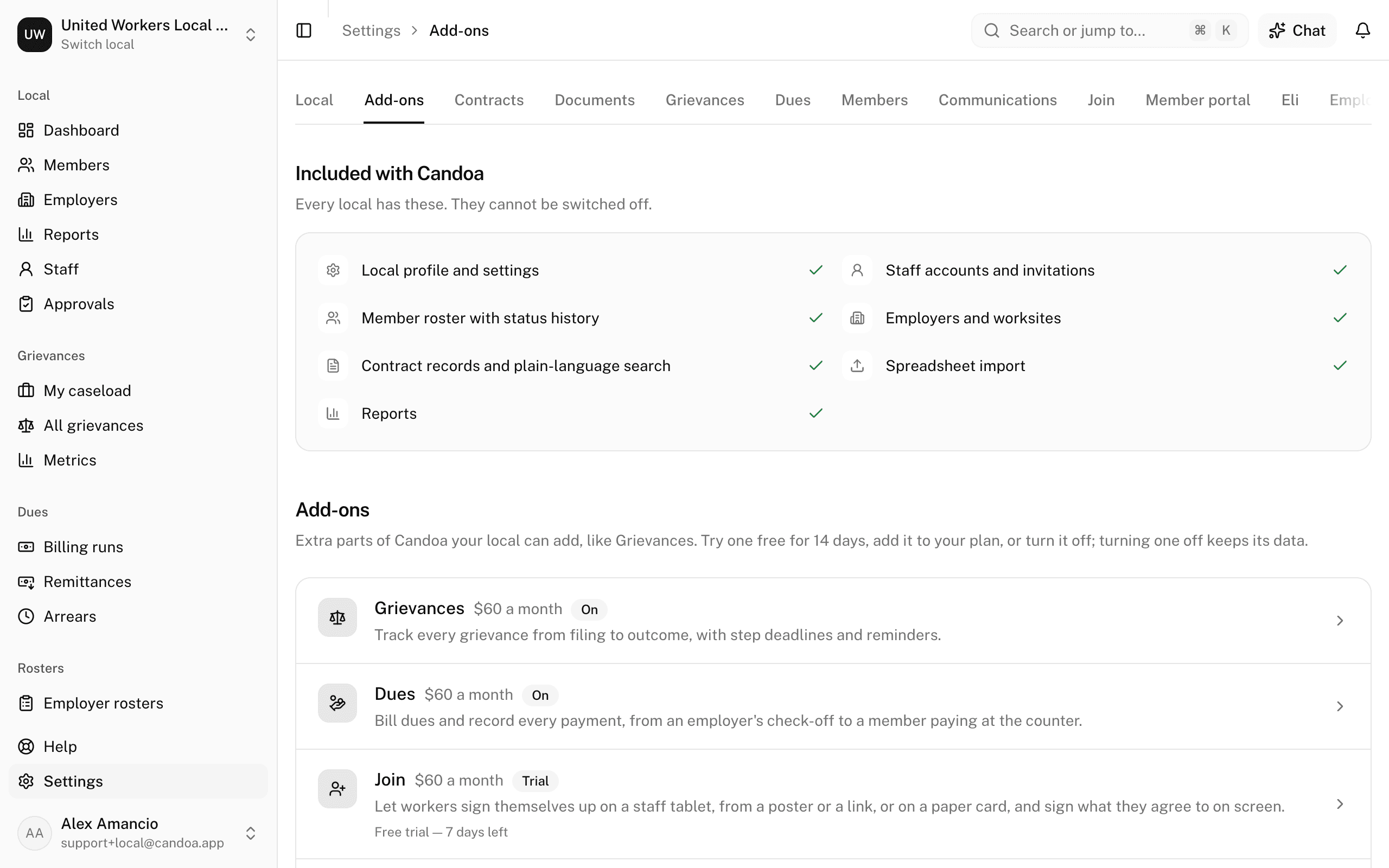 Settings › Add-ons: the catalog, with what is included underneath