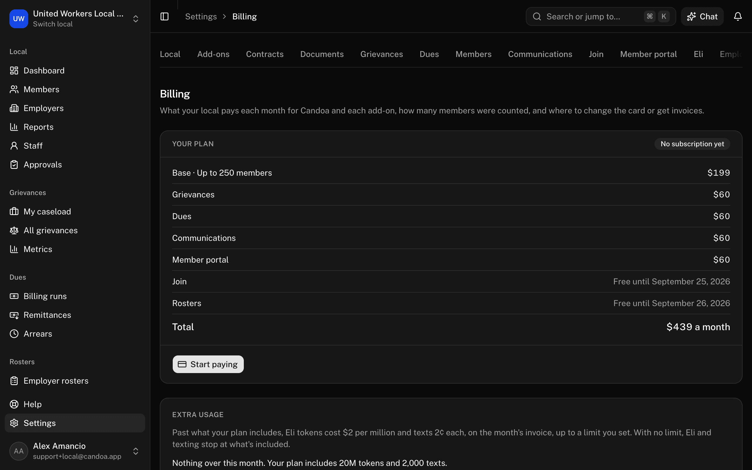 Settings › Billing: Your plan, the count card, and Card and invoices