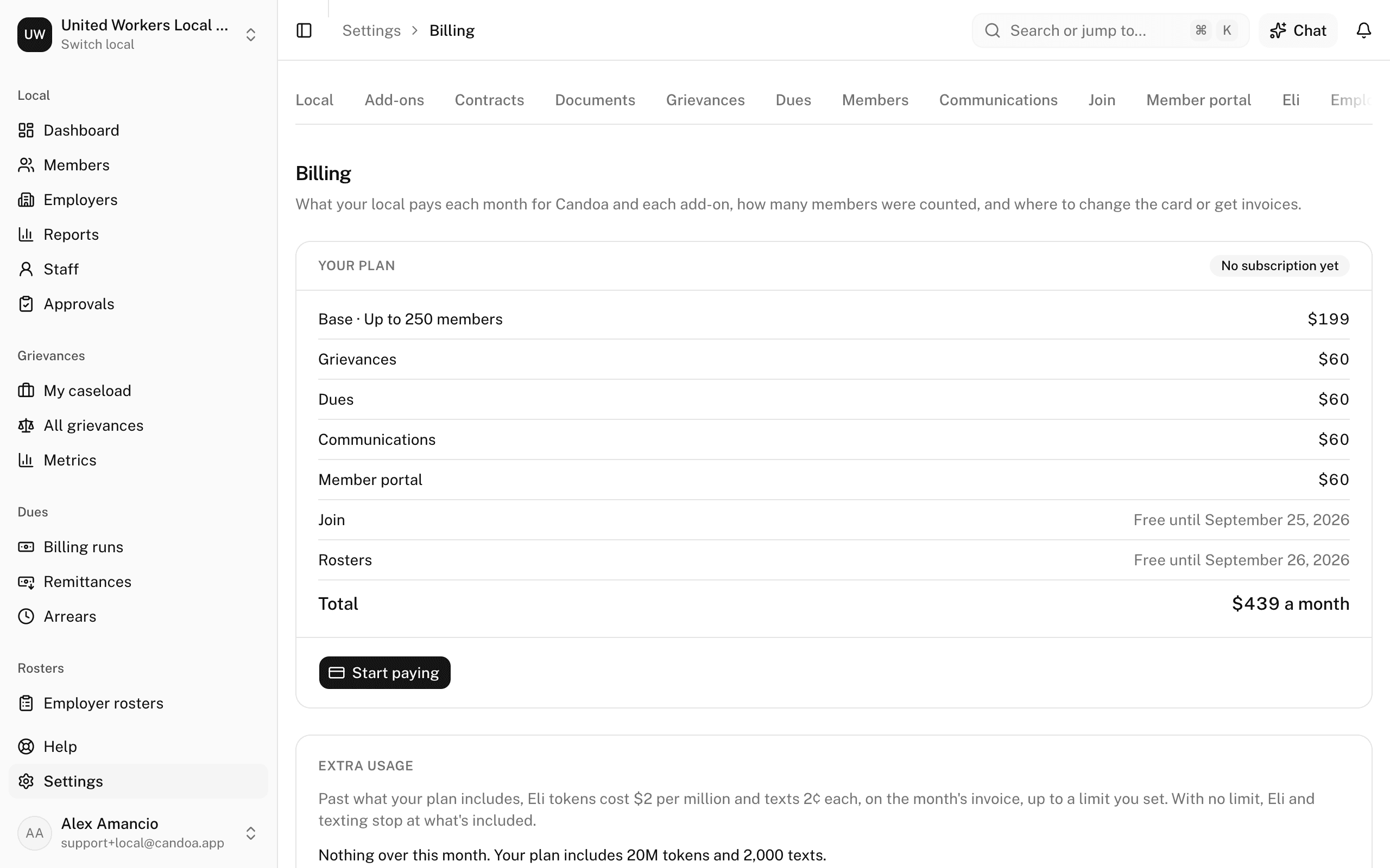 Settings › Billing: Your plan, the count card, and Card and invoices
