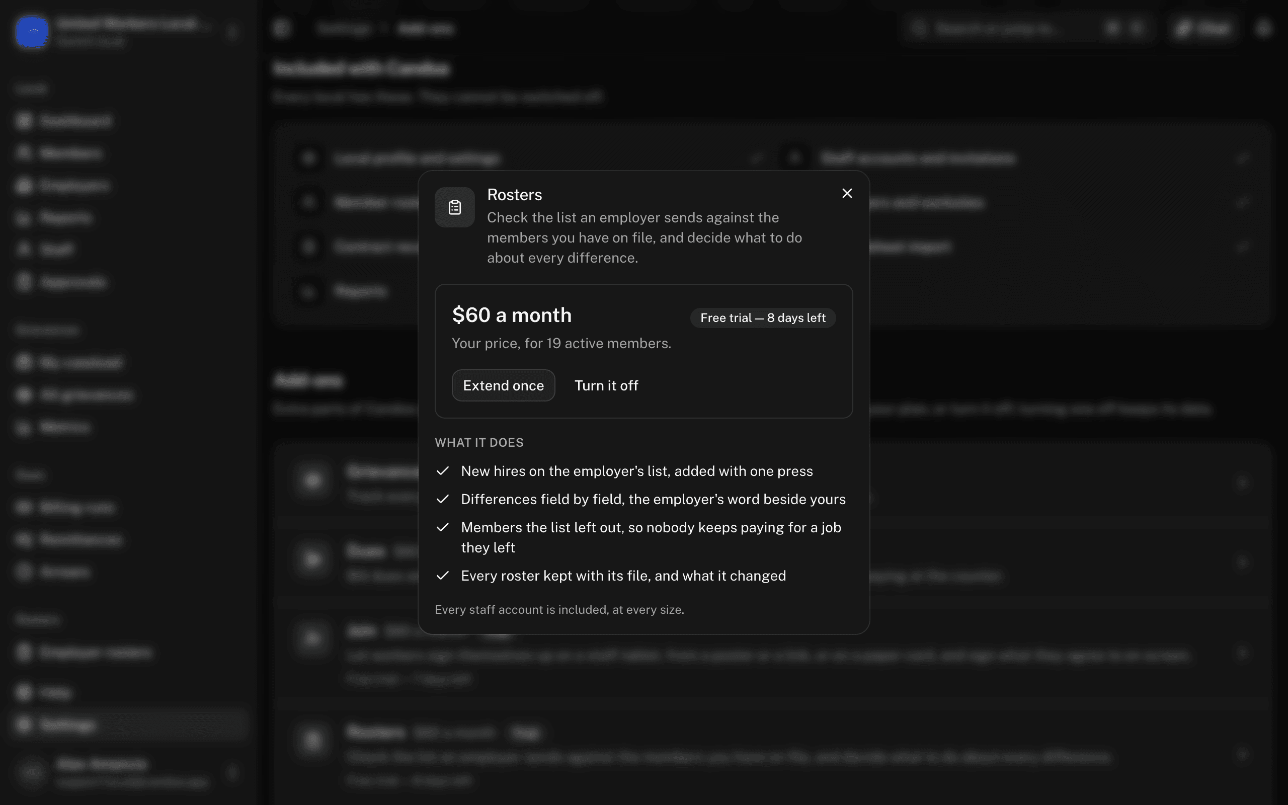 An add-on's card: its price for this local, what to do about it, and what it does