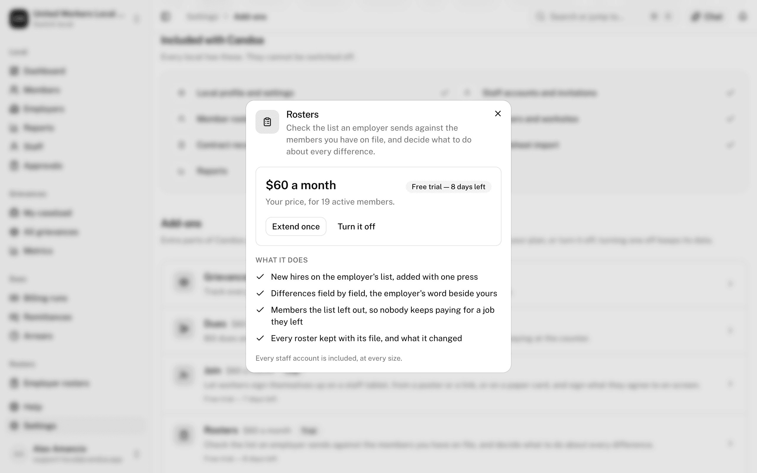 An add-on's card: its price for this local, what to do about it, and what it does