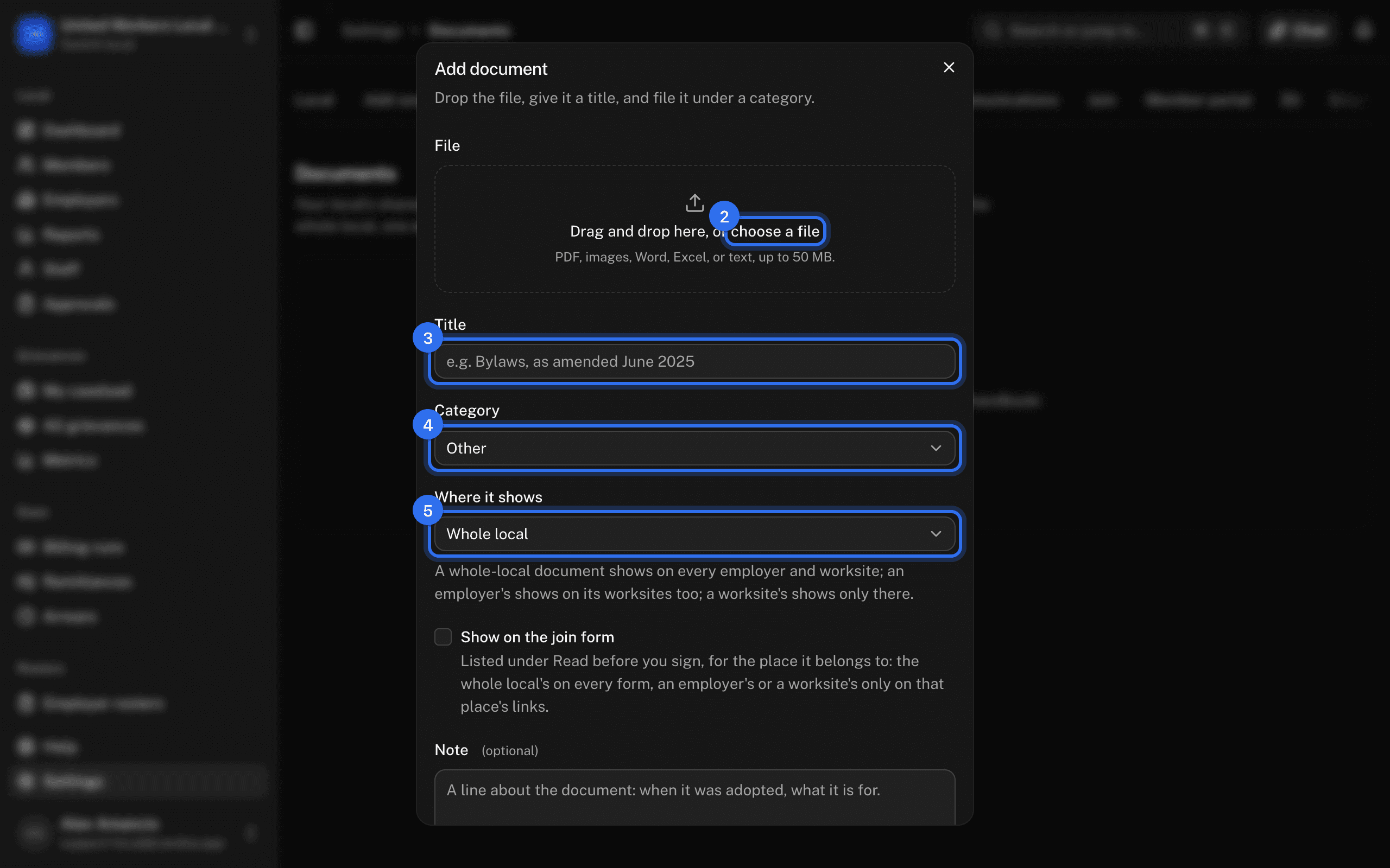 The Add document dialog: the file box (2), Title (3), Category (4), and Where it shows (5)