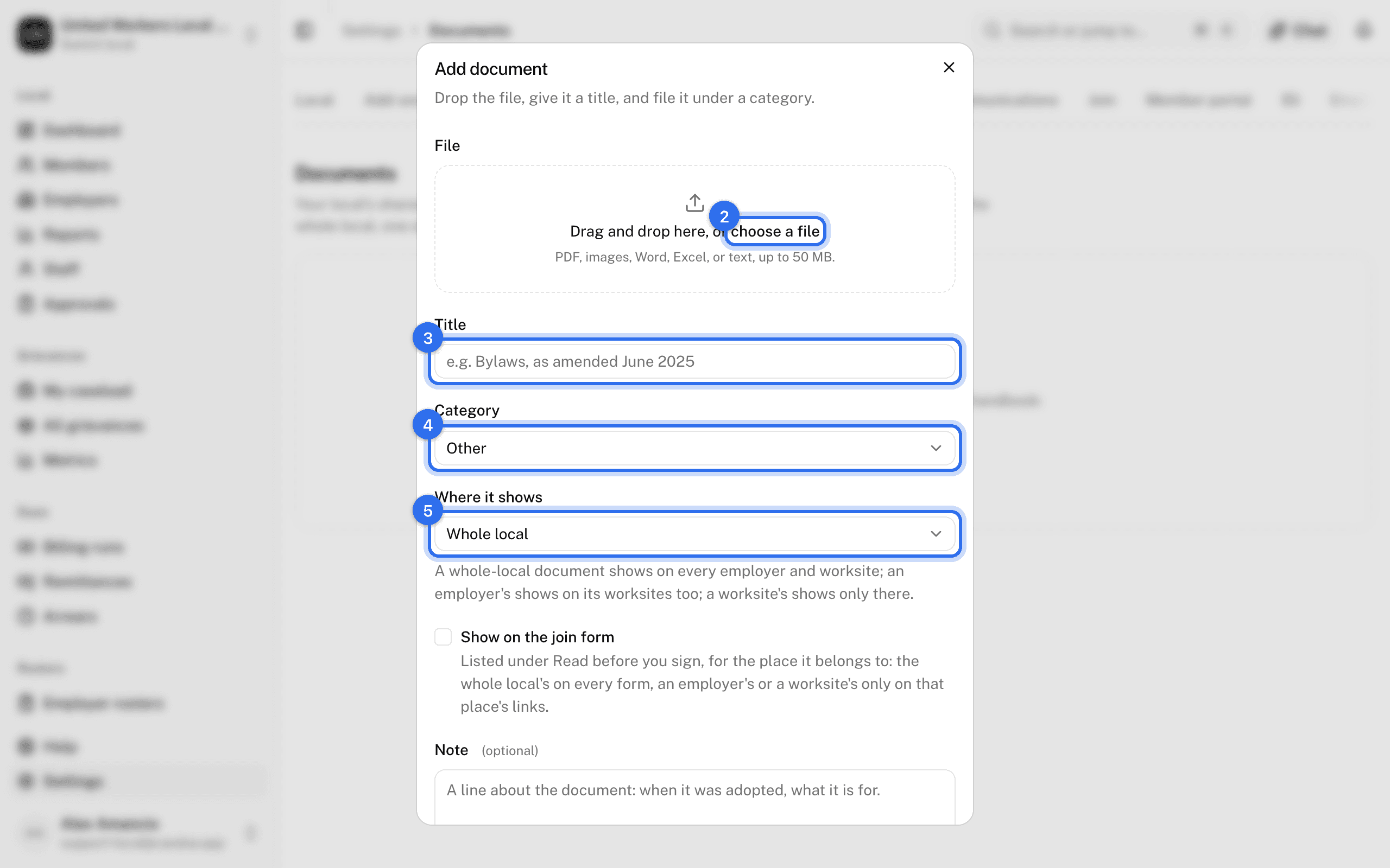The Add document dialog: the file box (2), Title (3), Category (4), and Where it shows (5)