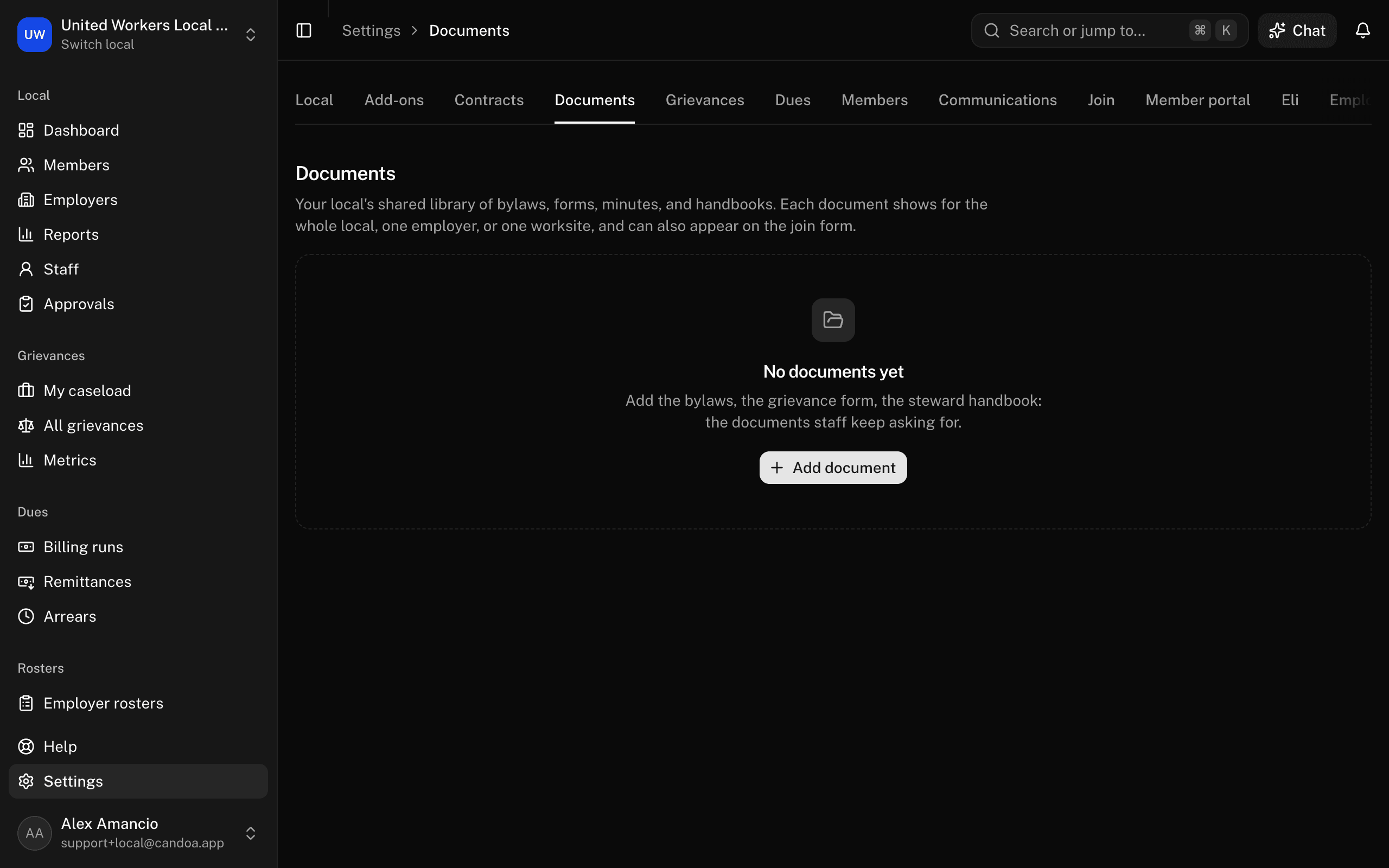Settings › Documents, the library before any document is added