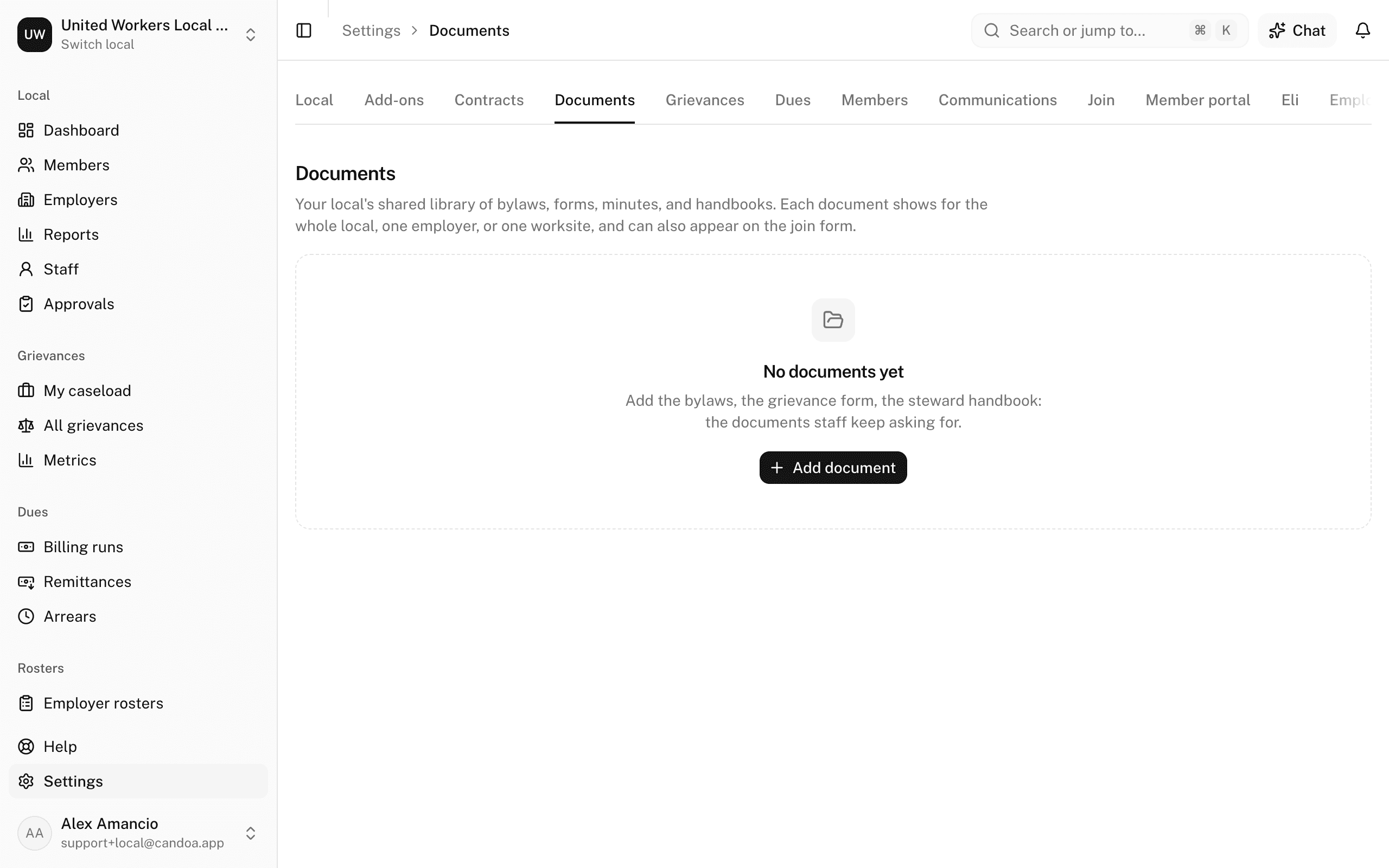 Settings › Documents, the library before any document is added