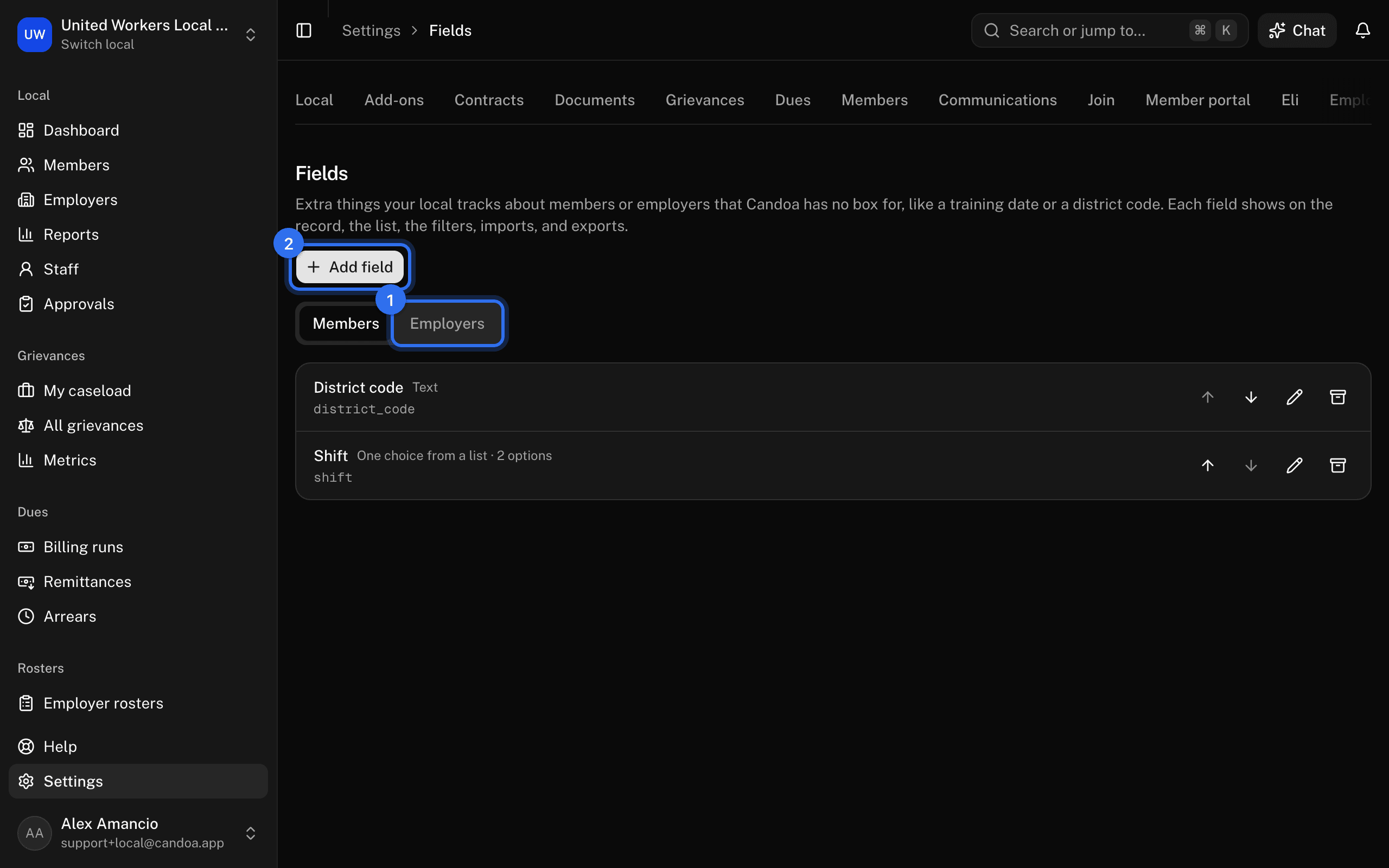 Settings › Fields: Members or Employers at the top (1) and Add field (2)