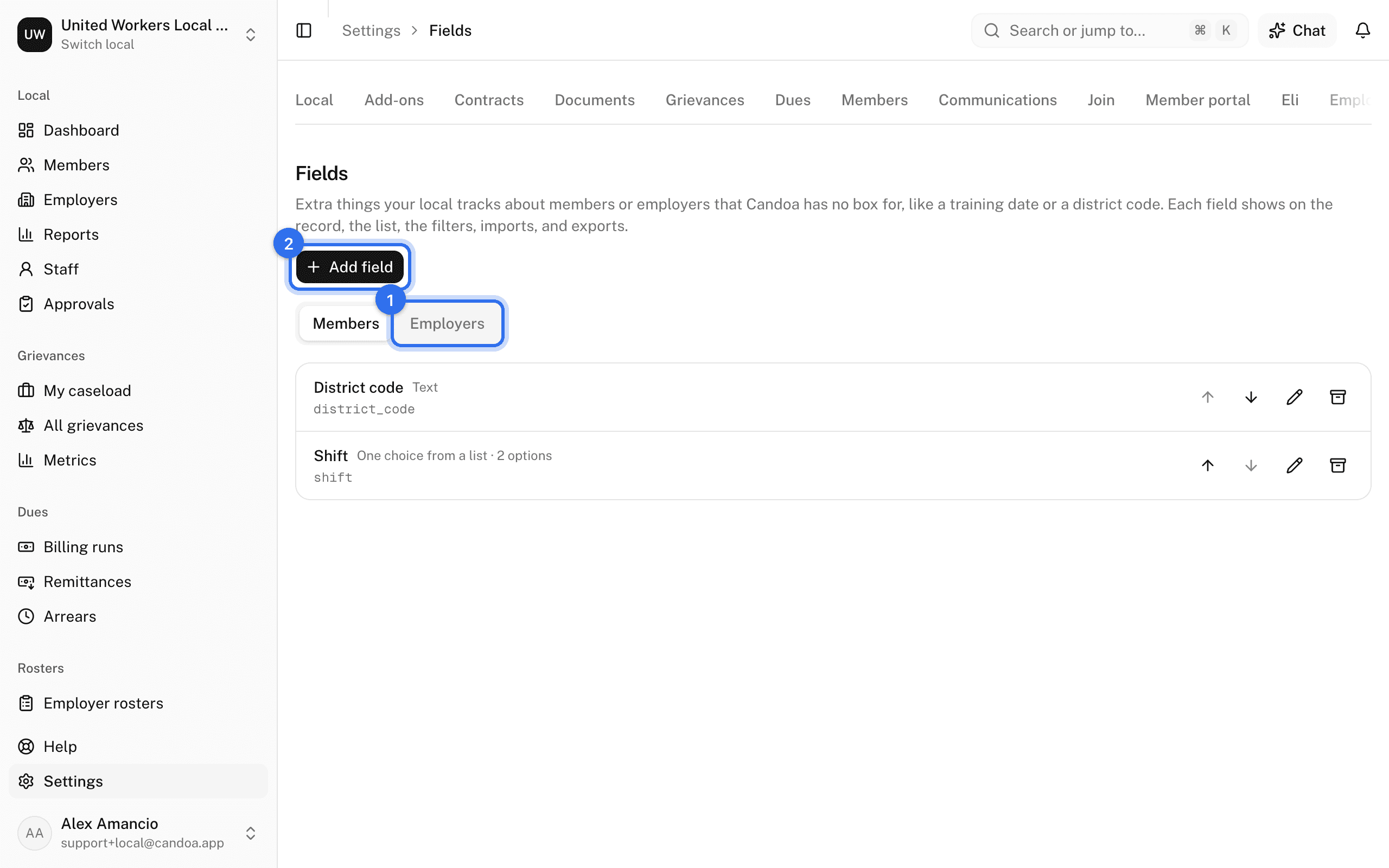 Settings › Fields: Members or Employers at the top (1) and Add field (2)