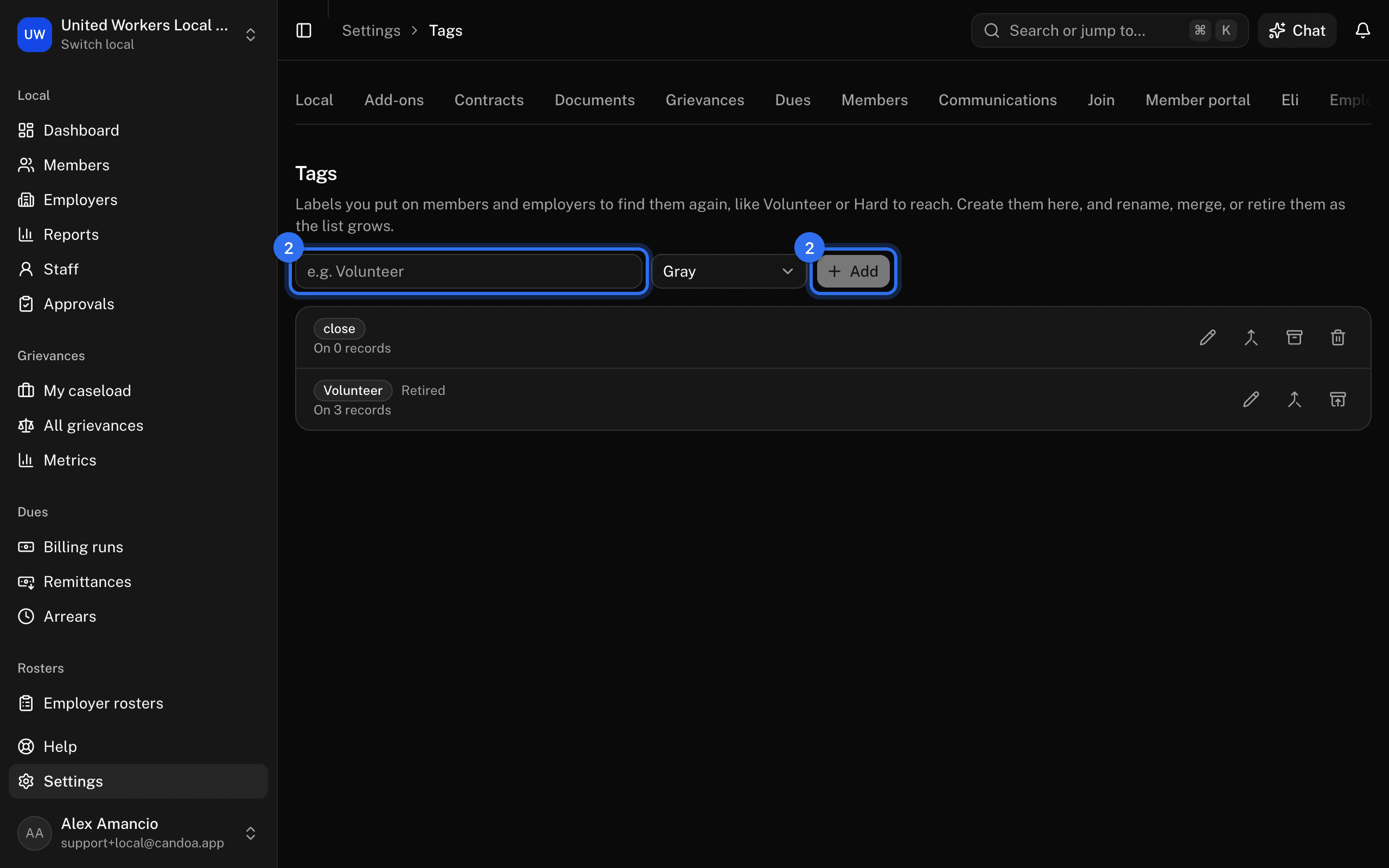 Settings › Tags: the Tag box and Add (2)