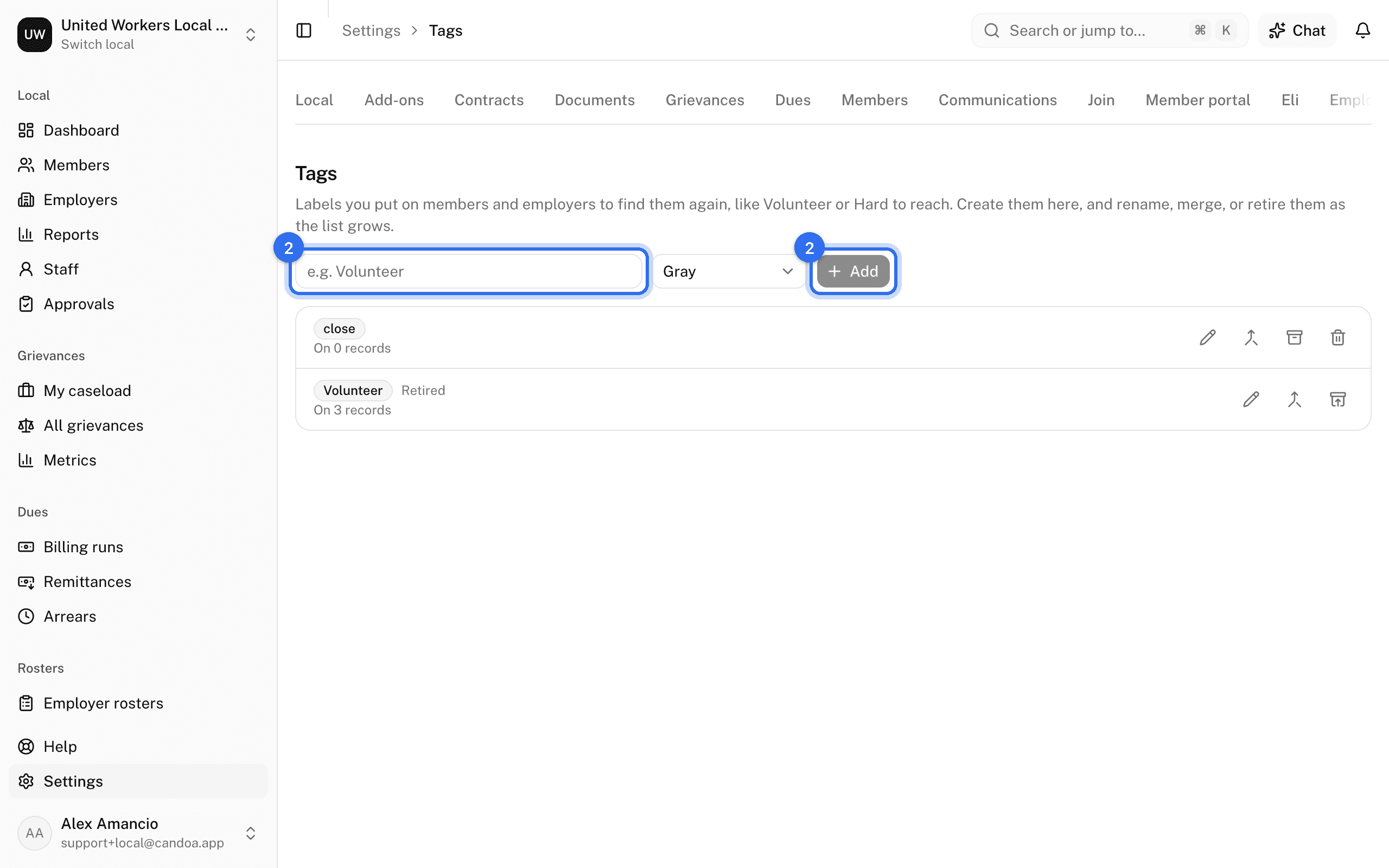 Settings › Tags: the Tag box and Add (2)