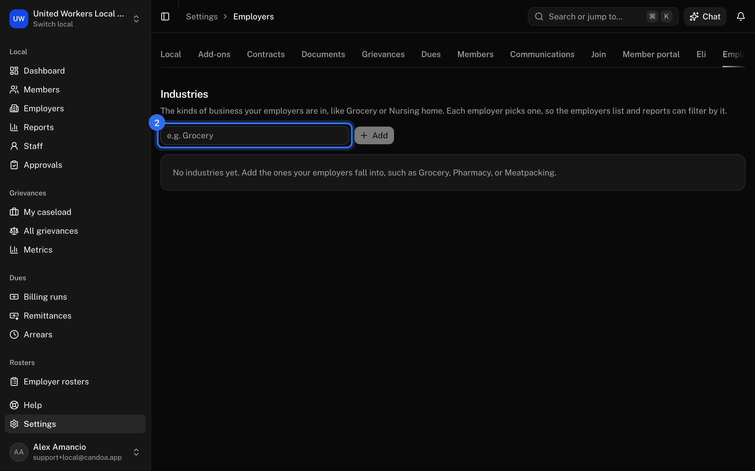 Settings › Employers: the Industry box (2), with Add beside it and the industries listed below
