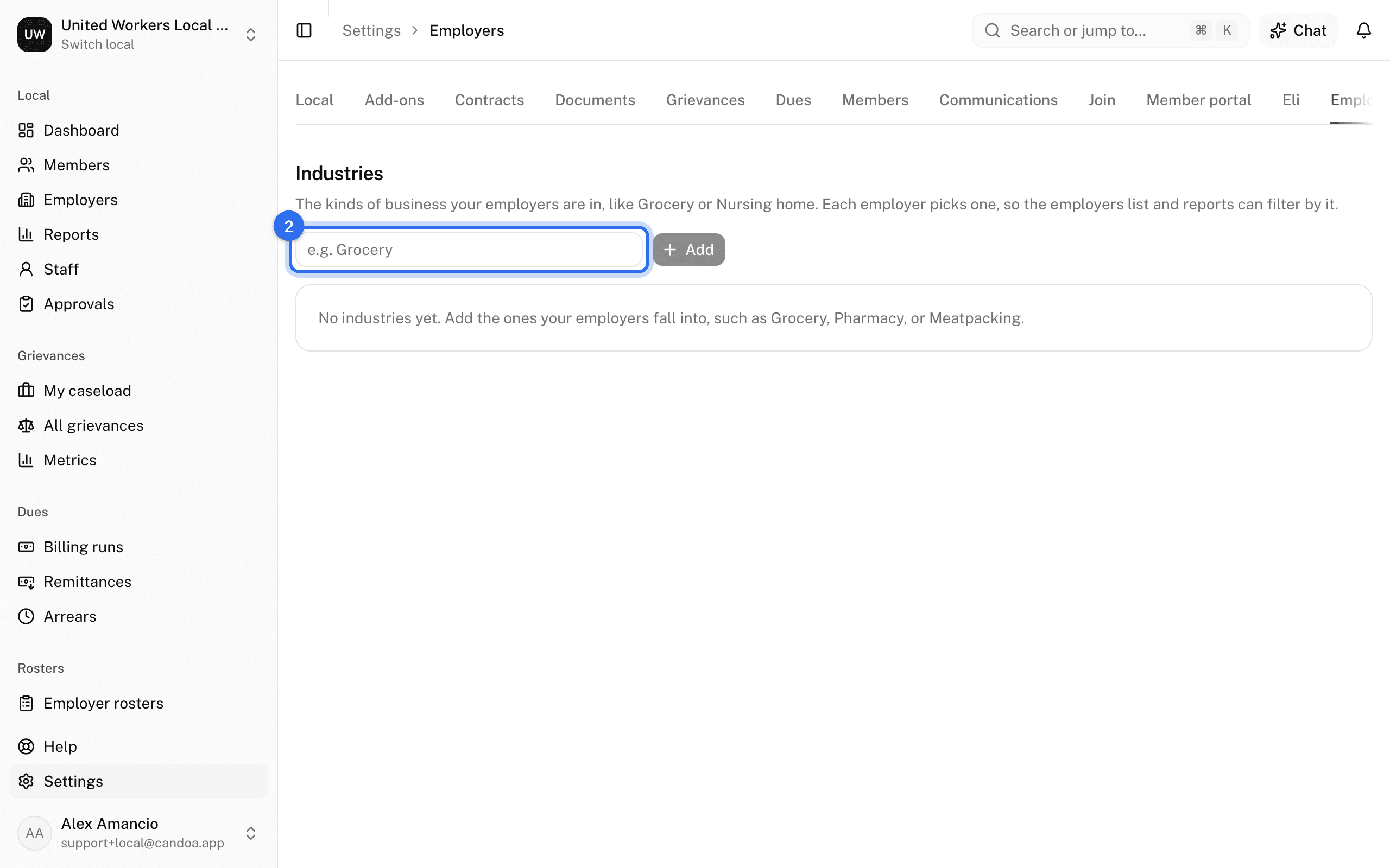 Settings › Employers: the Industry box (2), with Add beside it and the industries listed below
