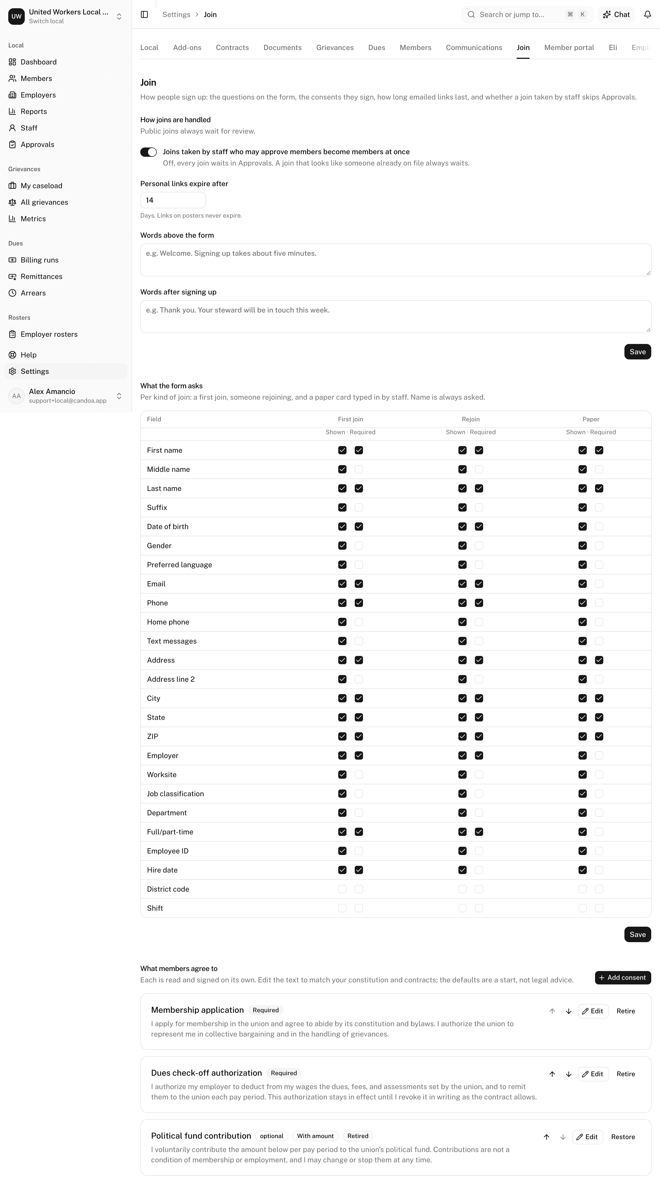 Settings › Join: how joins are handled, the words around the form, what the form asks, and what members agree to