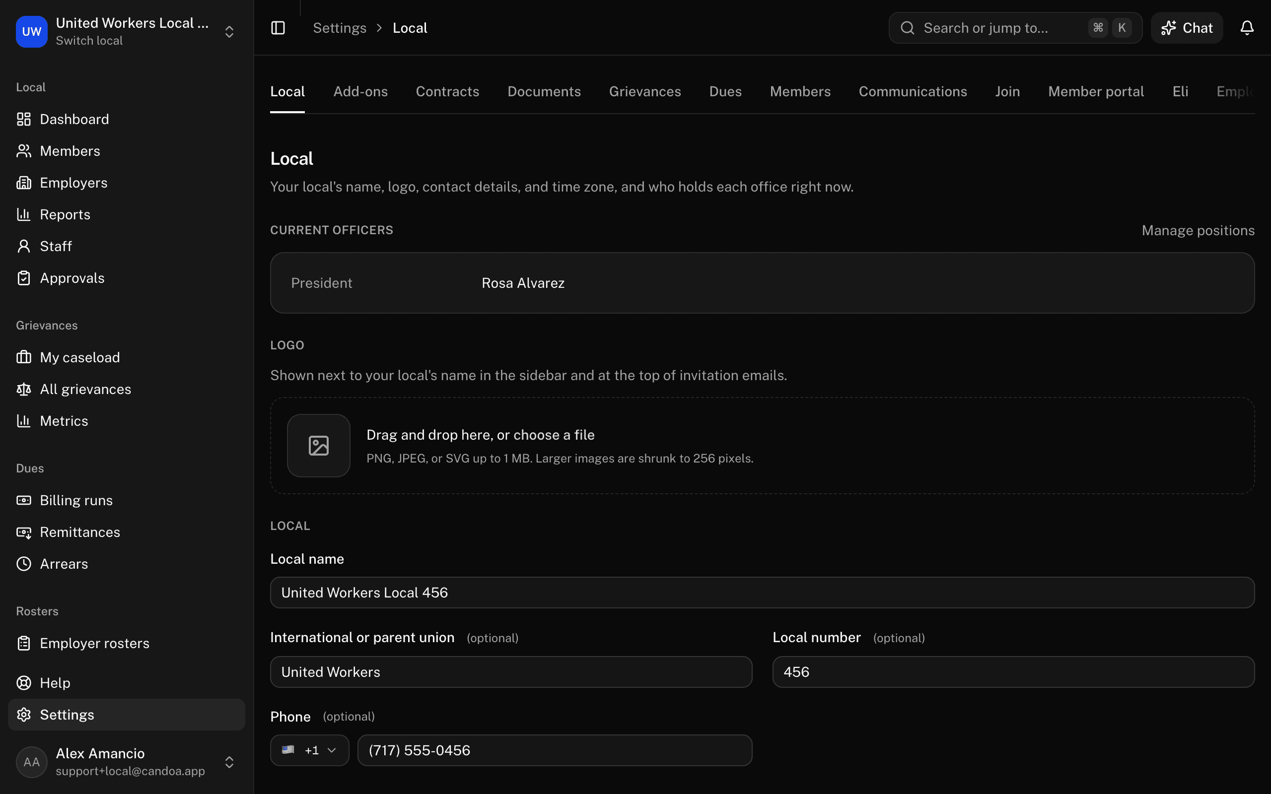 Settings, open on the Local section, with the other sections as tabs across the top