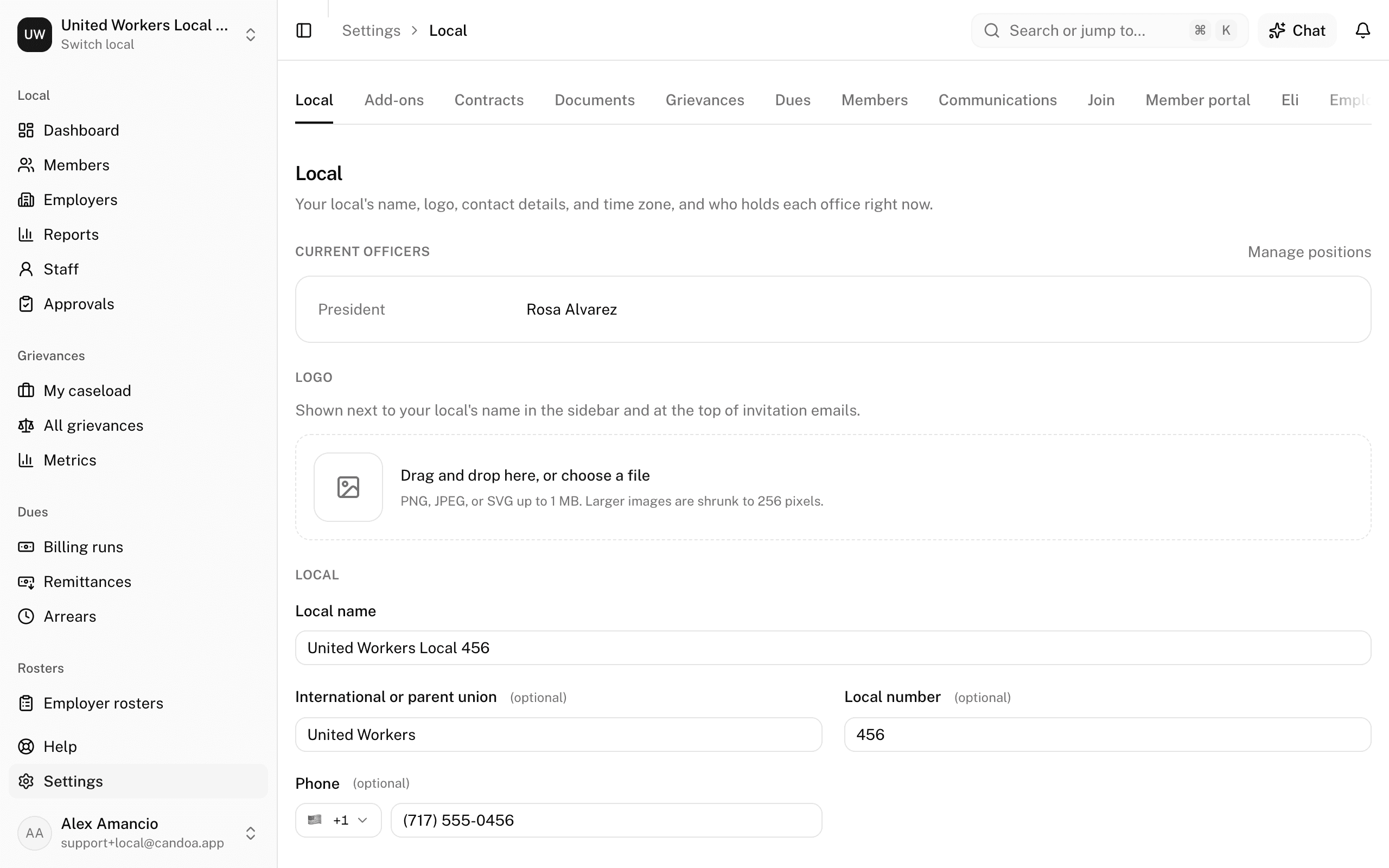 Settings, open on the Local section, with the other sections as tabs across the top