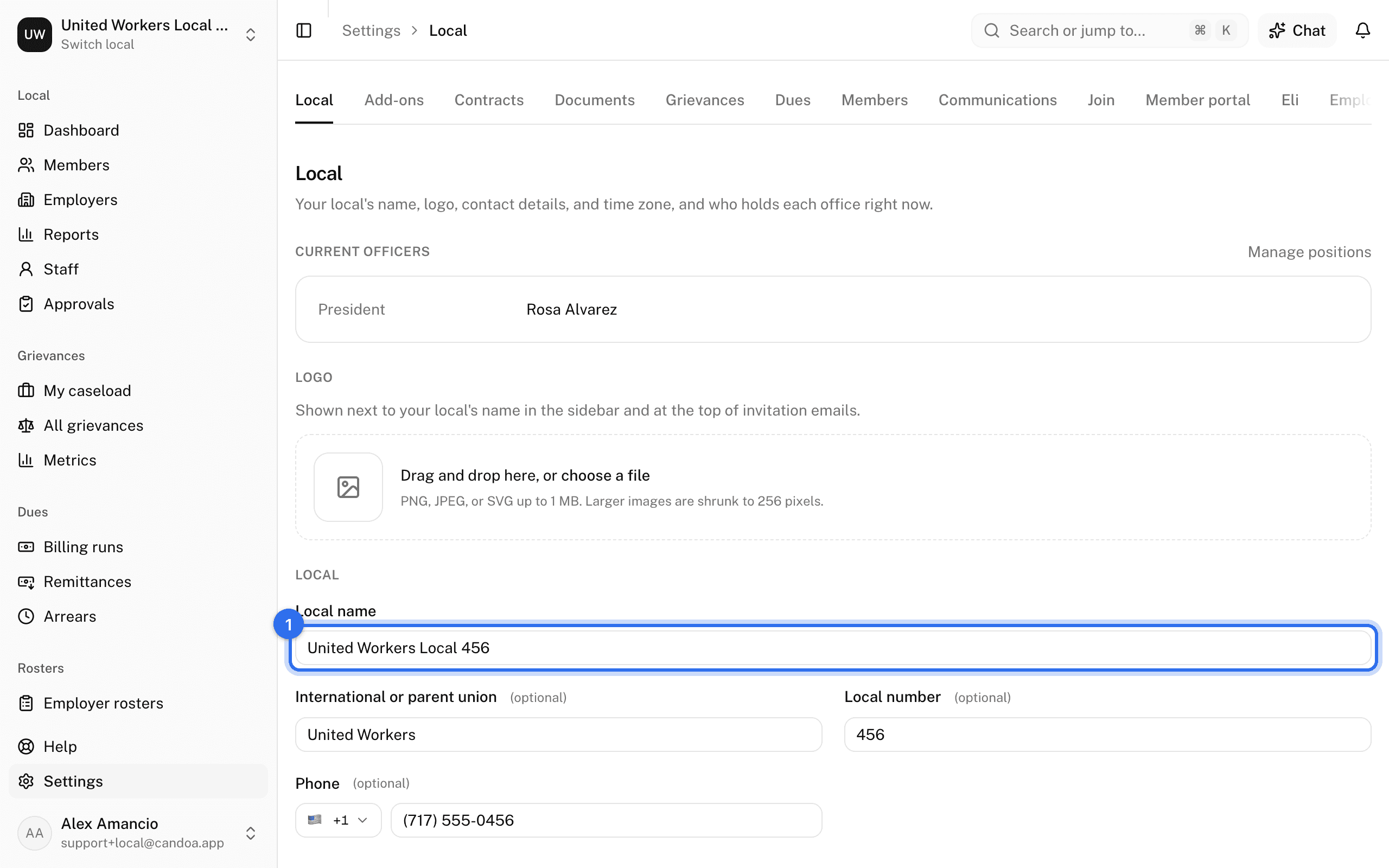 The profile form, starting at Local name (1); Save is at its foot