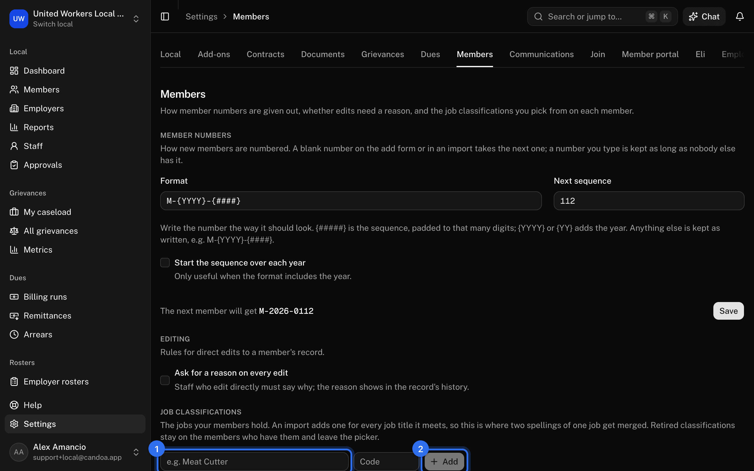 Job classifications, under Editing: the name box (1) and Add (2)