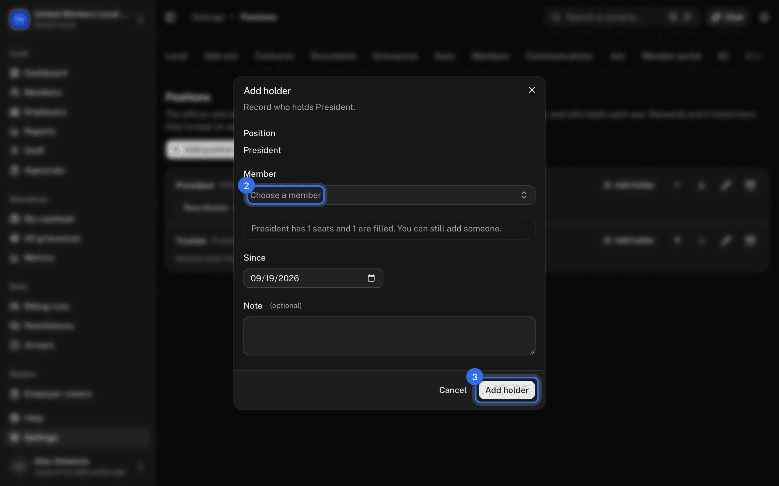 The Add holder dialog: Member (2), then Add holder (3)