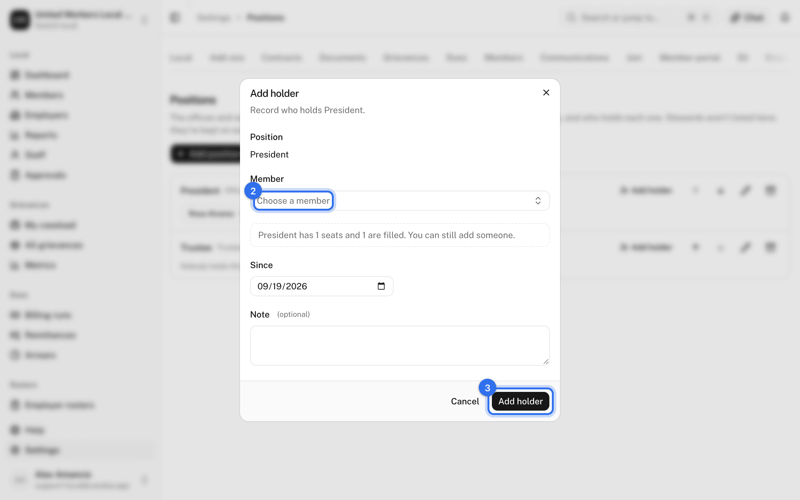 The Add holder dialog: Member (2), then Add holder (3)
