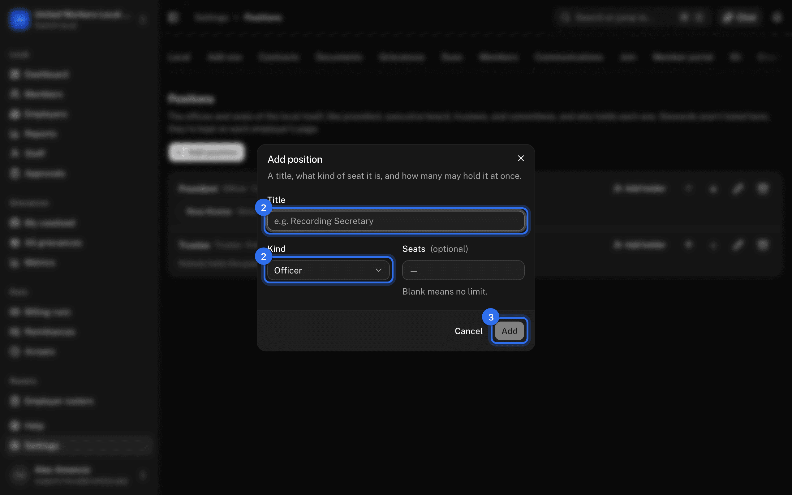 The Add position dialog: Title and Kind (2), then Add position (3)
