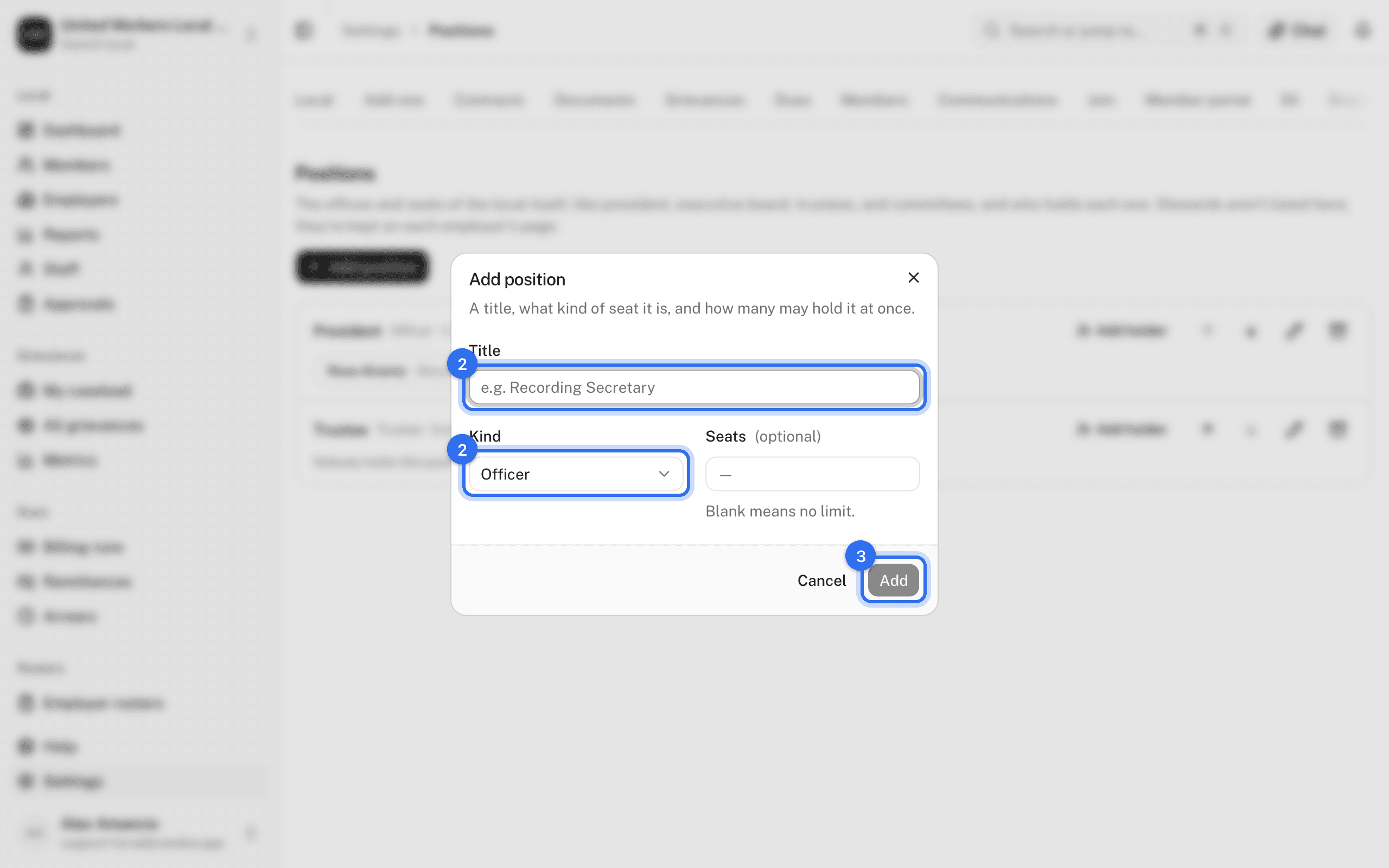 The Add position dialog: Title and Kind (2), then Add position (3)