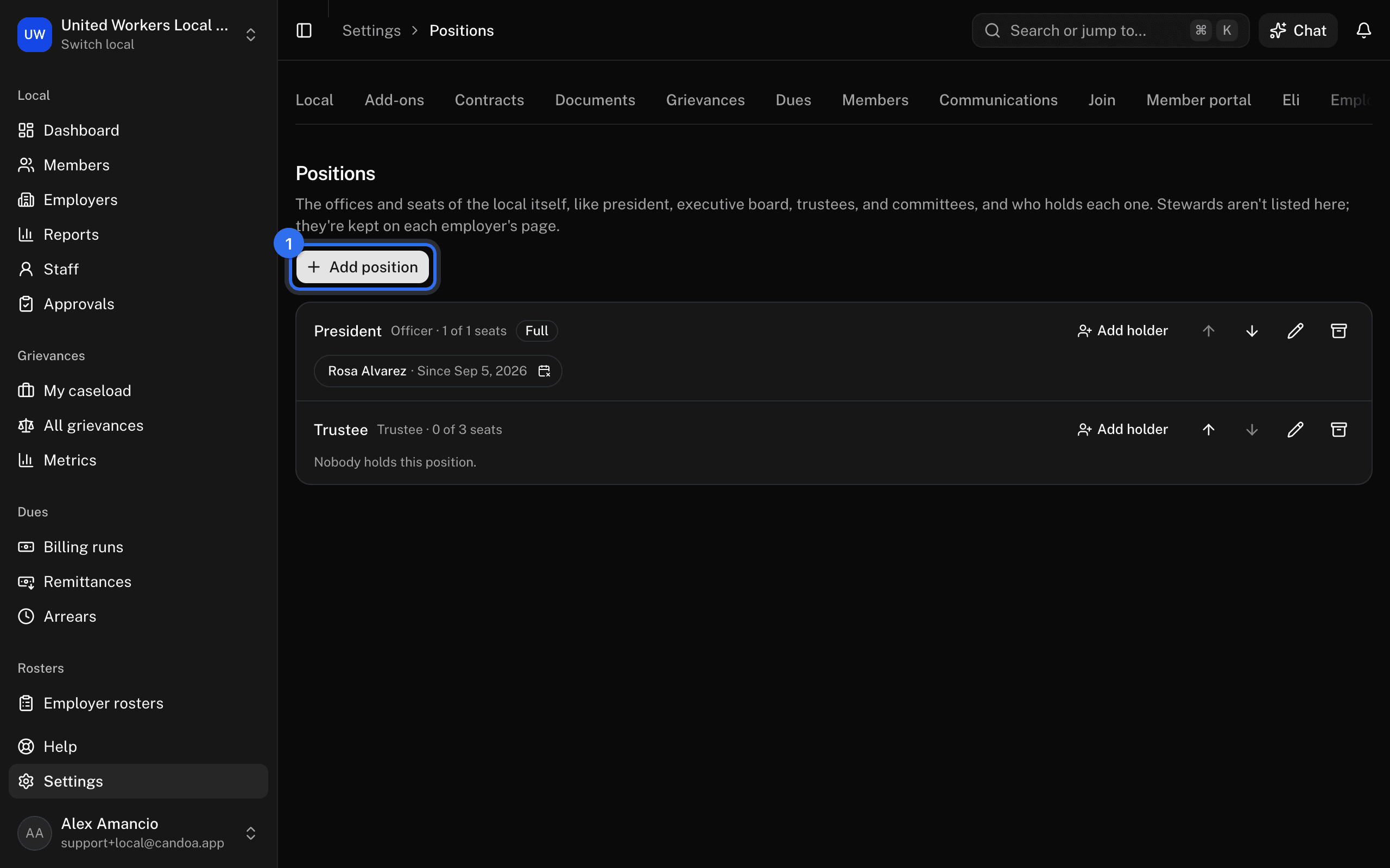 Settings › Positions with Add position (1)