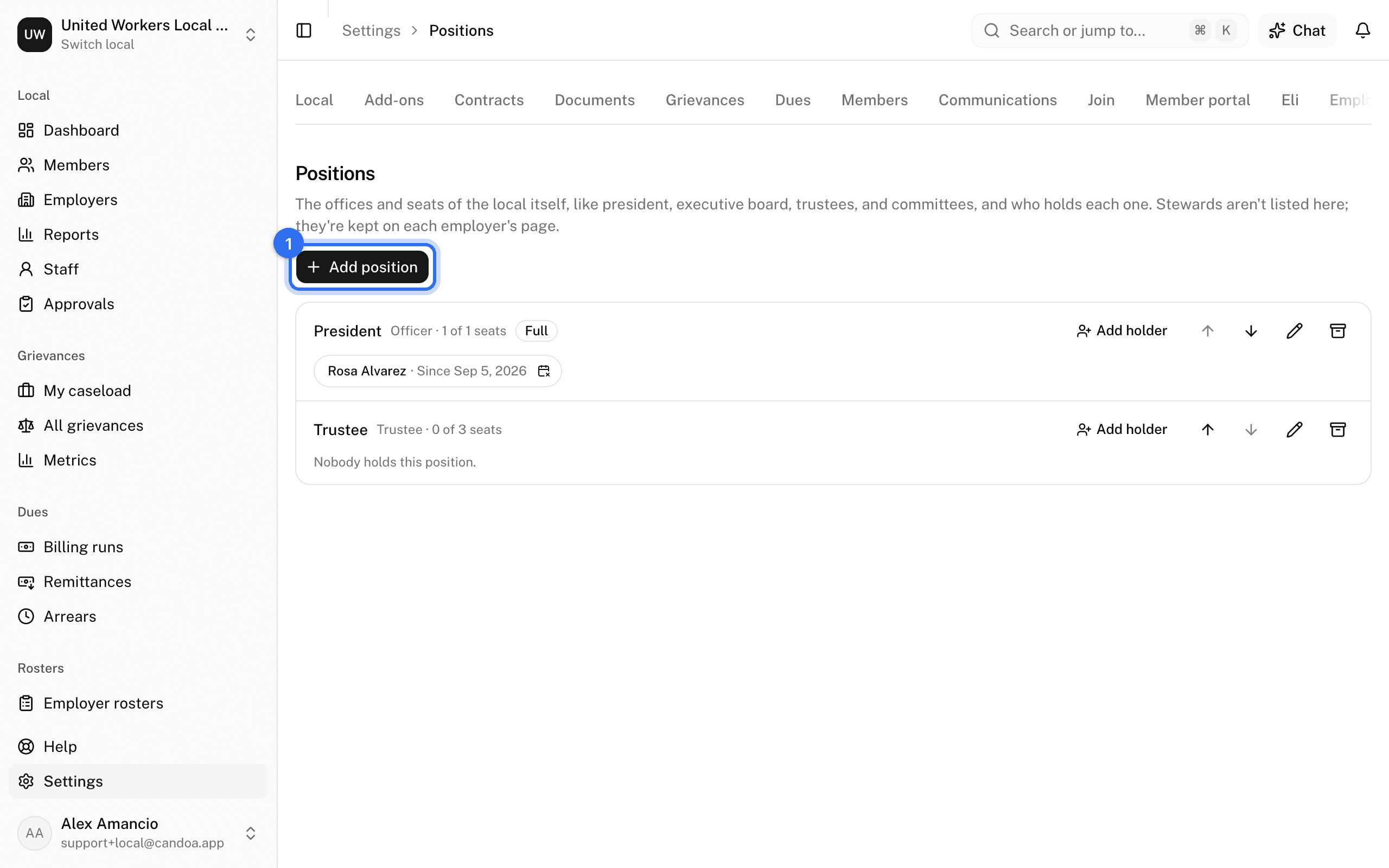 Settings › Positions with Add position (1)