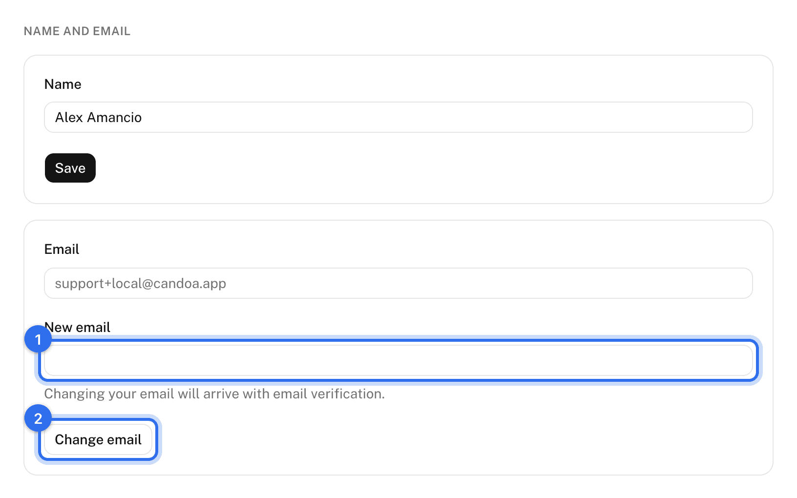 Name and email: New email (1) and Change email (2)